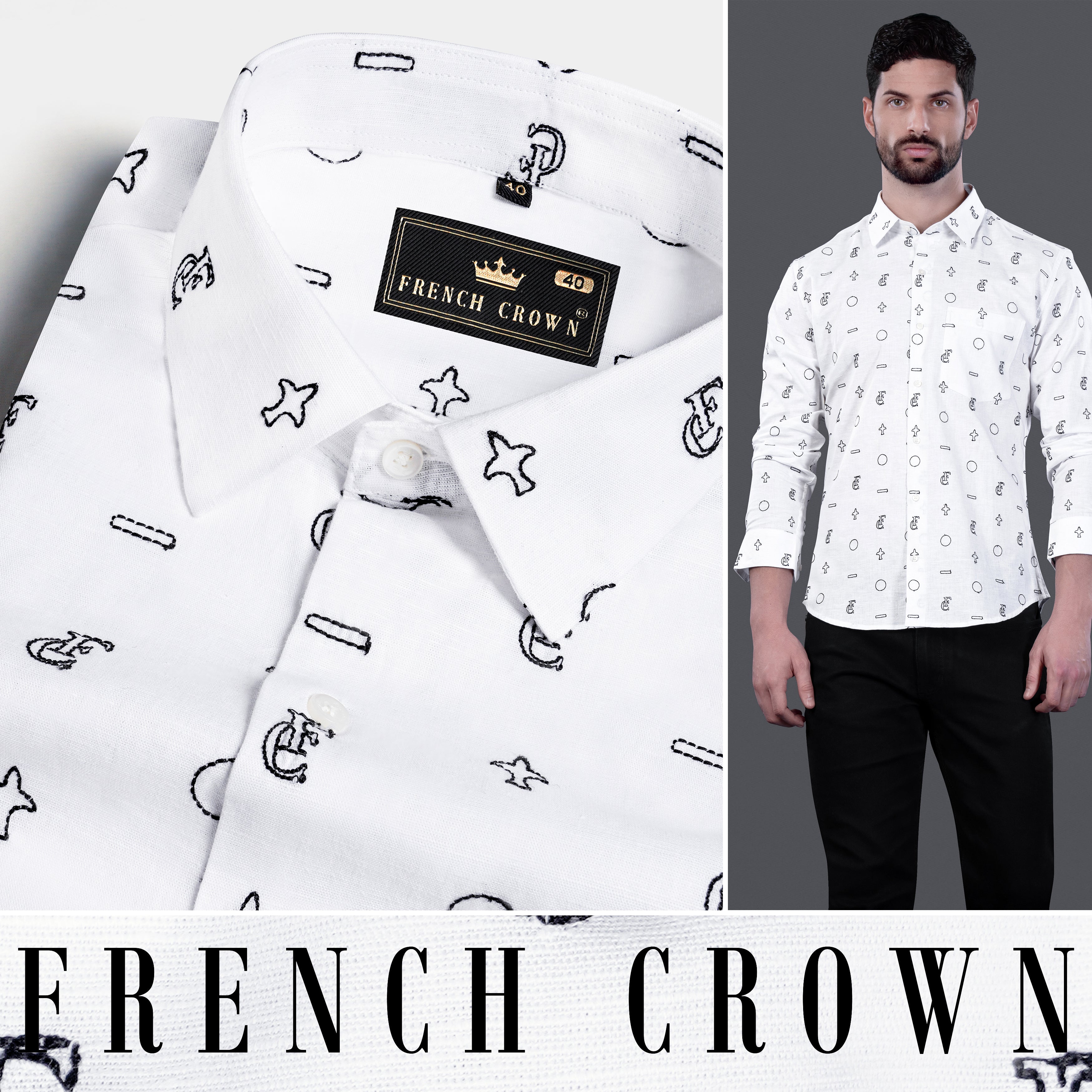 Bright White French Crown Elements Embroidered Luxurious Linen Designer Shirt