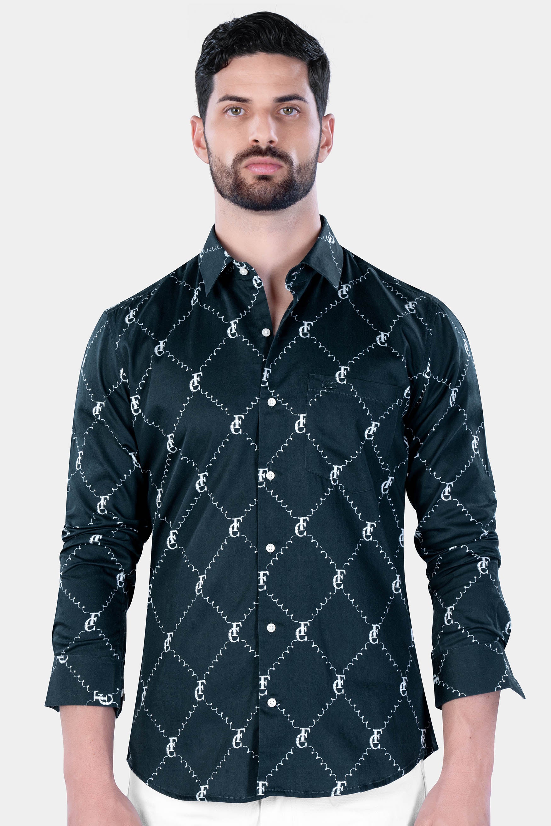 Firefly Blue and White Formal Textured Premium Cotton Shirt For Men