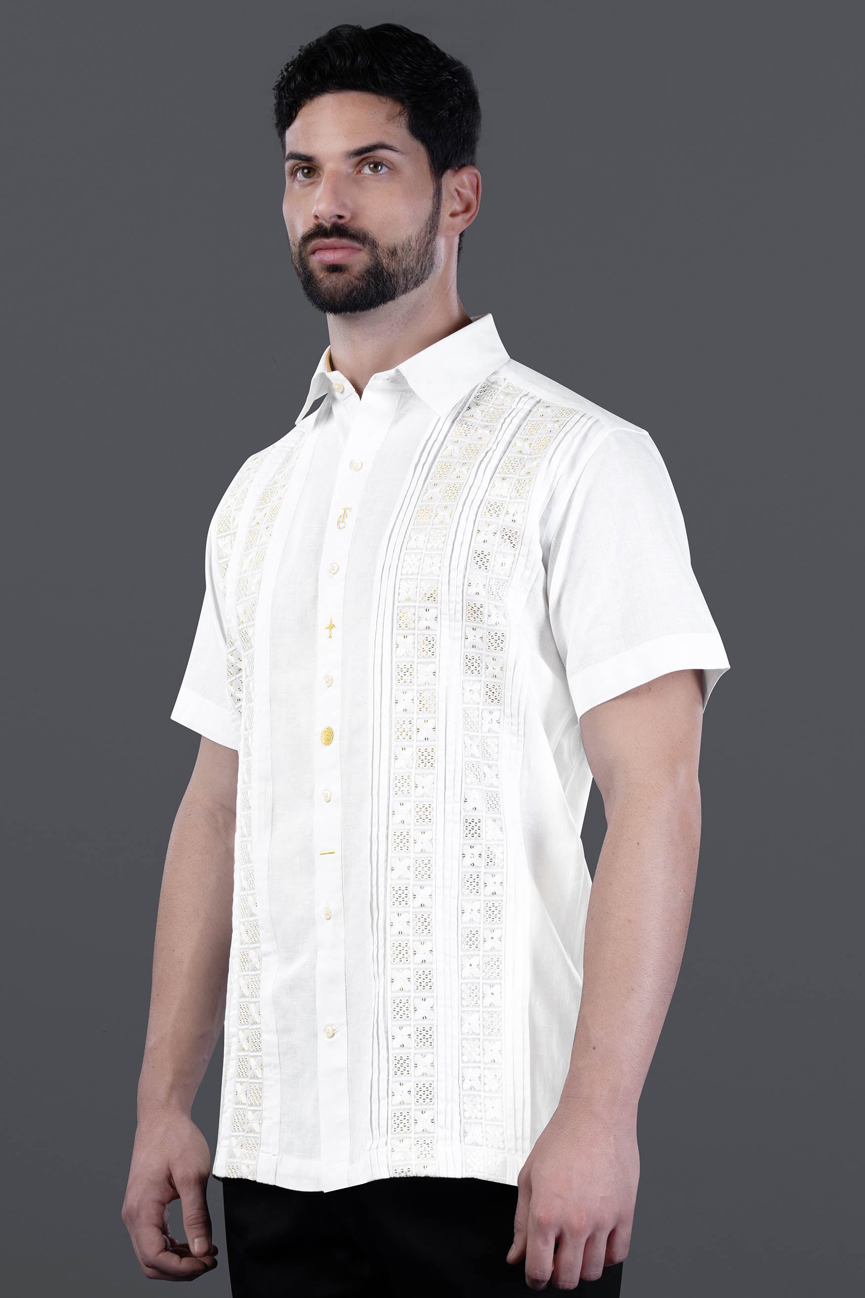 Bright White with Tikki Work and Brand Element Embroidered Luxurious Linen Half Sleeved Designer Shirt 12109-SS-P819-E362-38, 12109-SS-P819-E362-39, 12109-SS-P819-E362-40, 12109-SS-P819-E362-42, 12109-SS-P819-E362-44, 12109-SS-P819-E362-46, 12109-SS-P819-E362-48, 12109-SS-P819-E362-50, 12109-SS-P819-E362-52