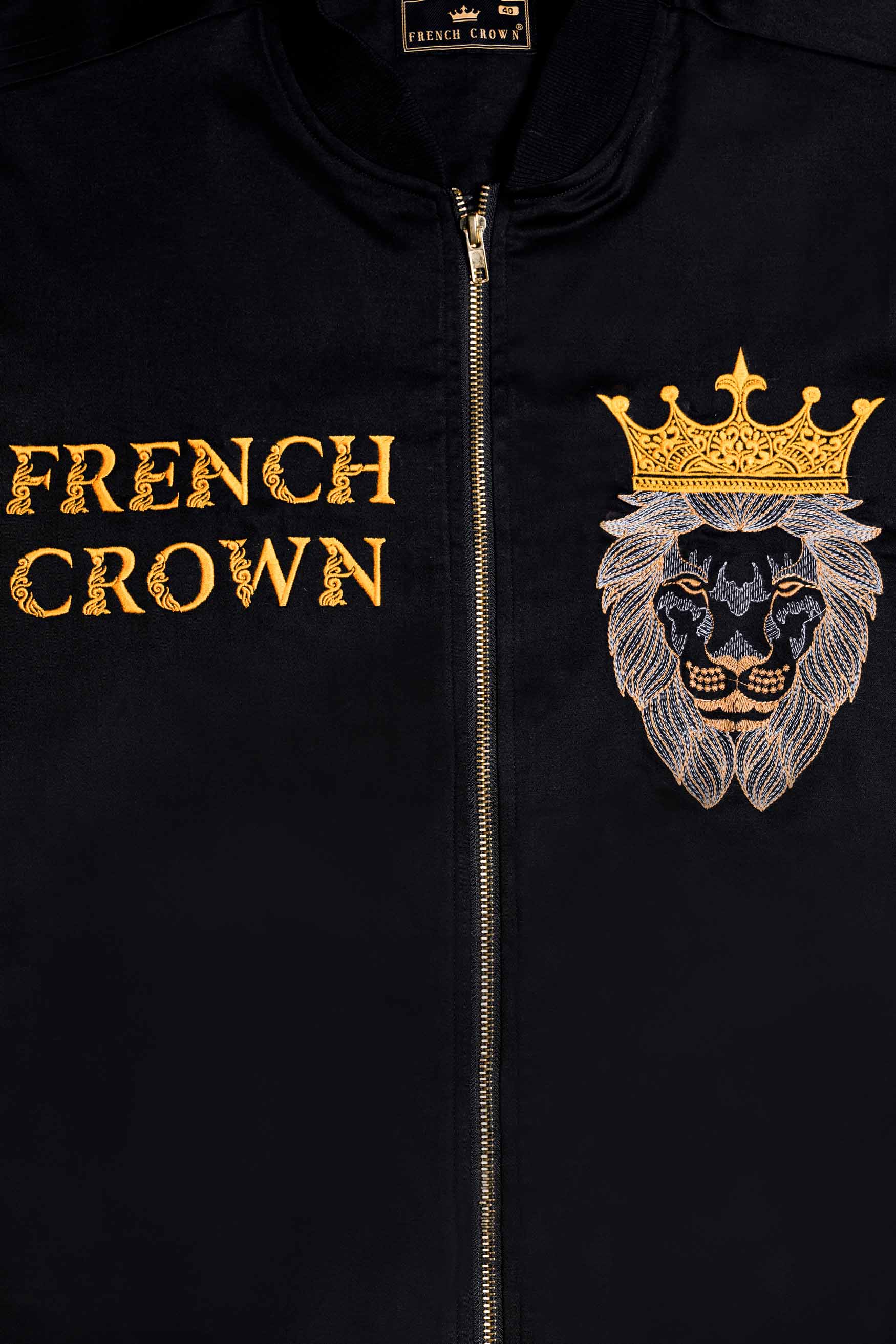 Jade Black French Crown Embroidered Premium Cotton Signature Bomber Jacket