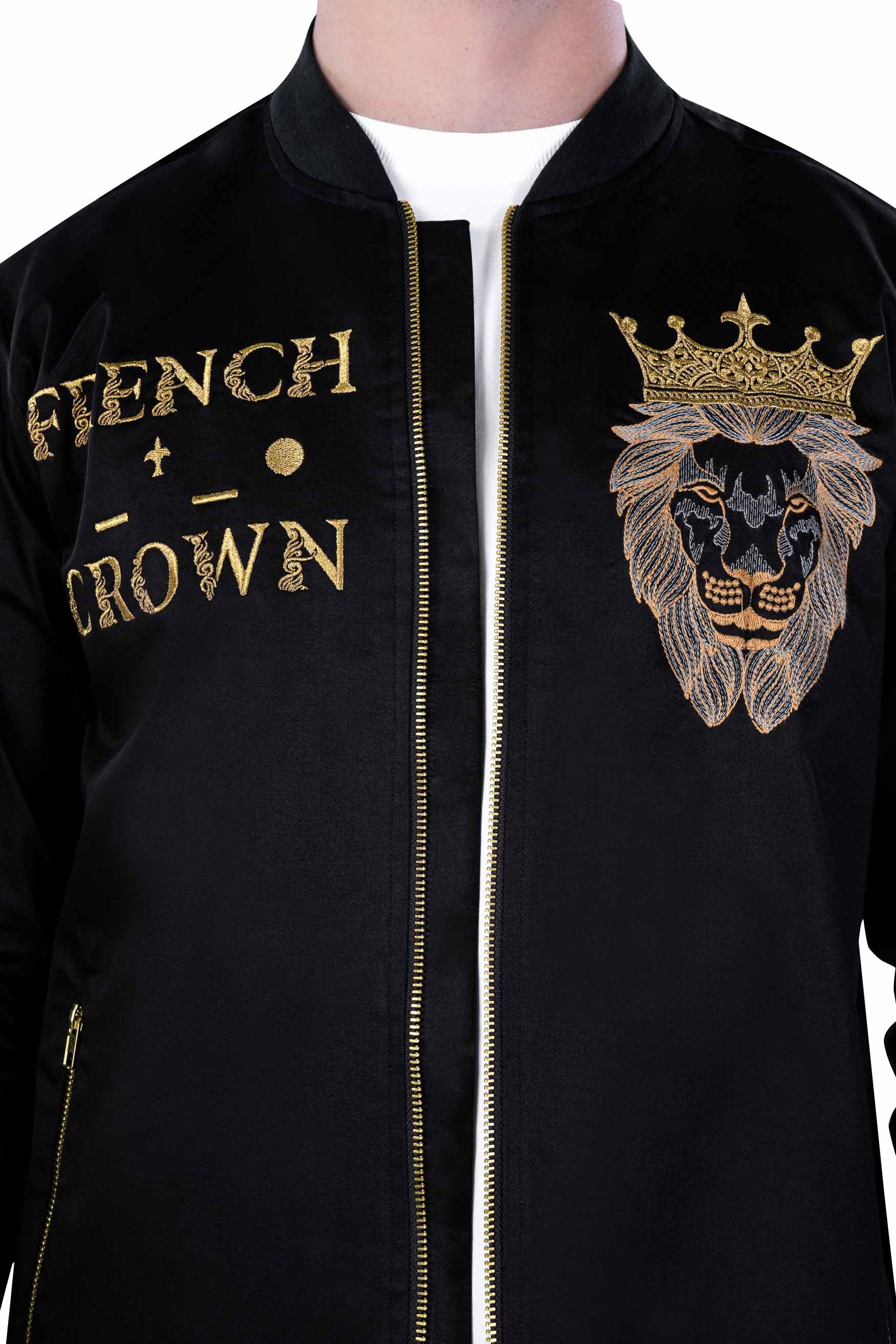 Jade Black French Crown Golden Embroidered Premium Cotton Bomber Designer Jacket
