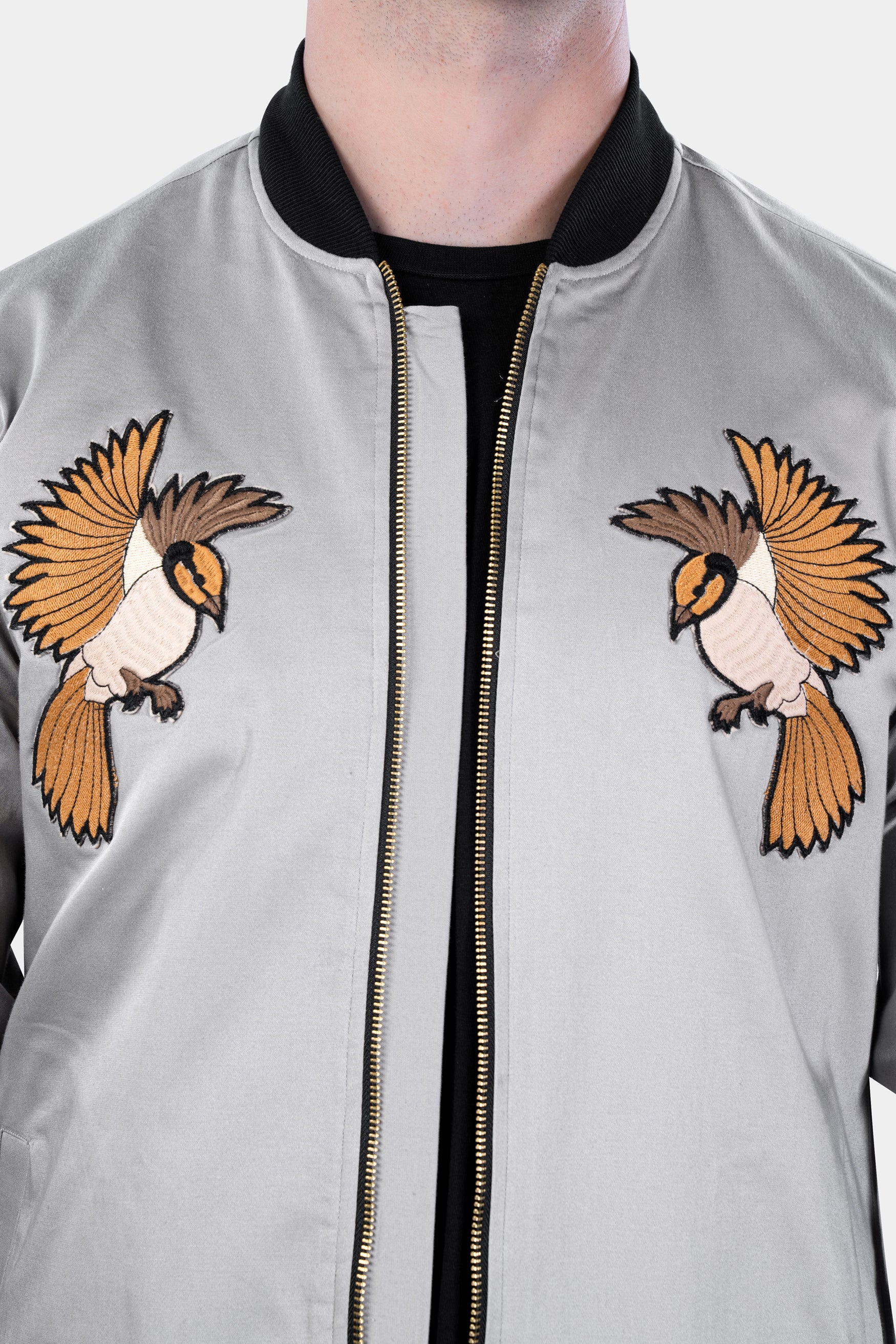 Gainsboro Gray Birds Patch Work Premium Cotton Designer Bomber Jacket
