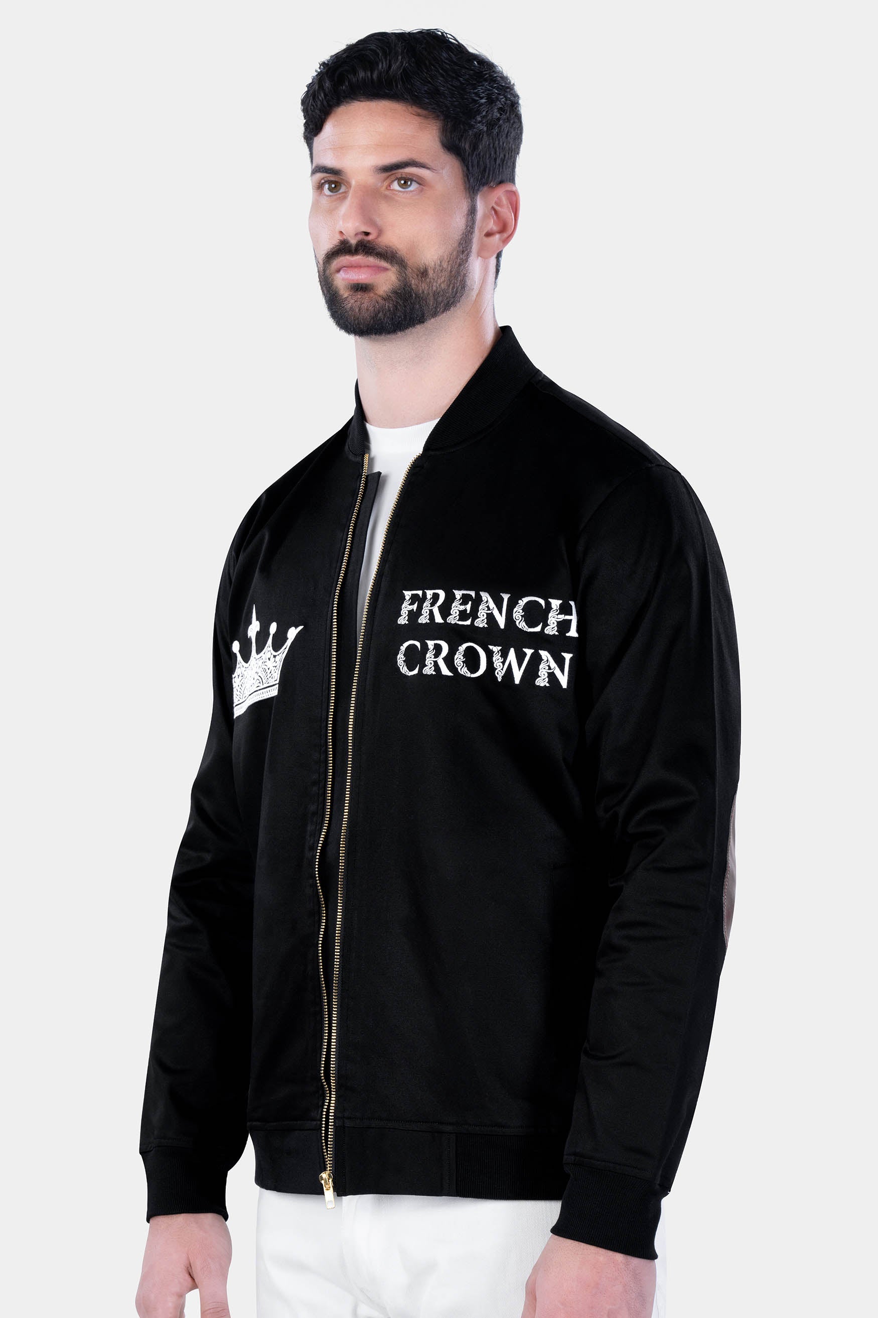 Jade Black French Crown Embroidered Premium Cotton Designer Bomber Jacket