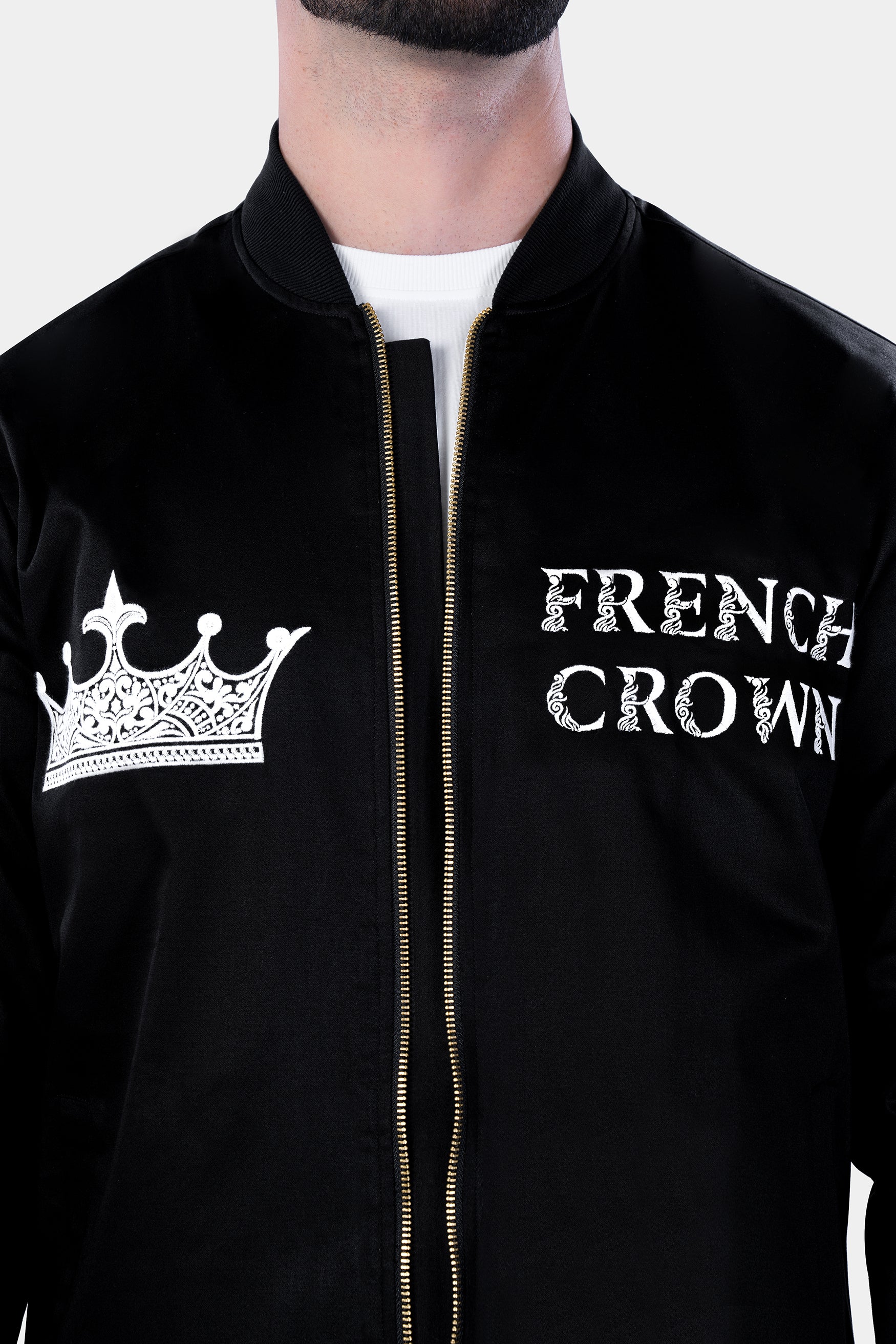 Jade Black French Crown Embroidered Premium Cotton Designer Bomber Jacket