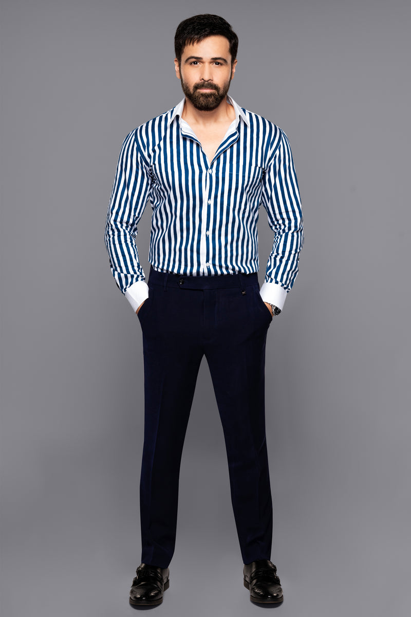 Regal Blue and White Stripes Printed with White Cuffs and Collar Subtle Sheen Super Soft Premium Cotton Designer Shirt