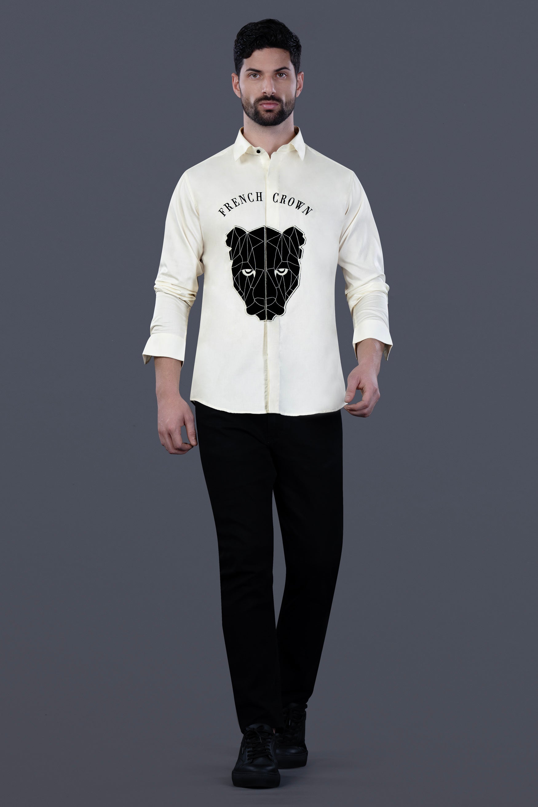 Almond Cream with French Crown Embroidered and Black Panther Patchwork Subtle Sheen Super Soft Premium Cotton Designer Shirt