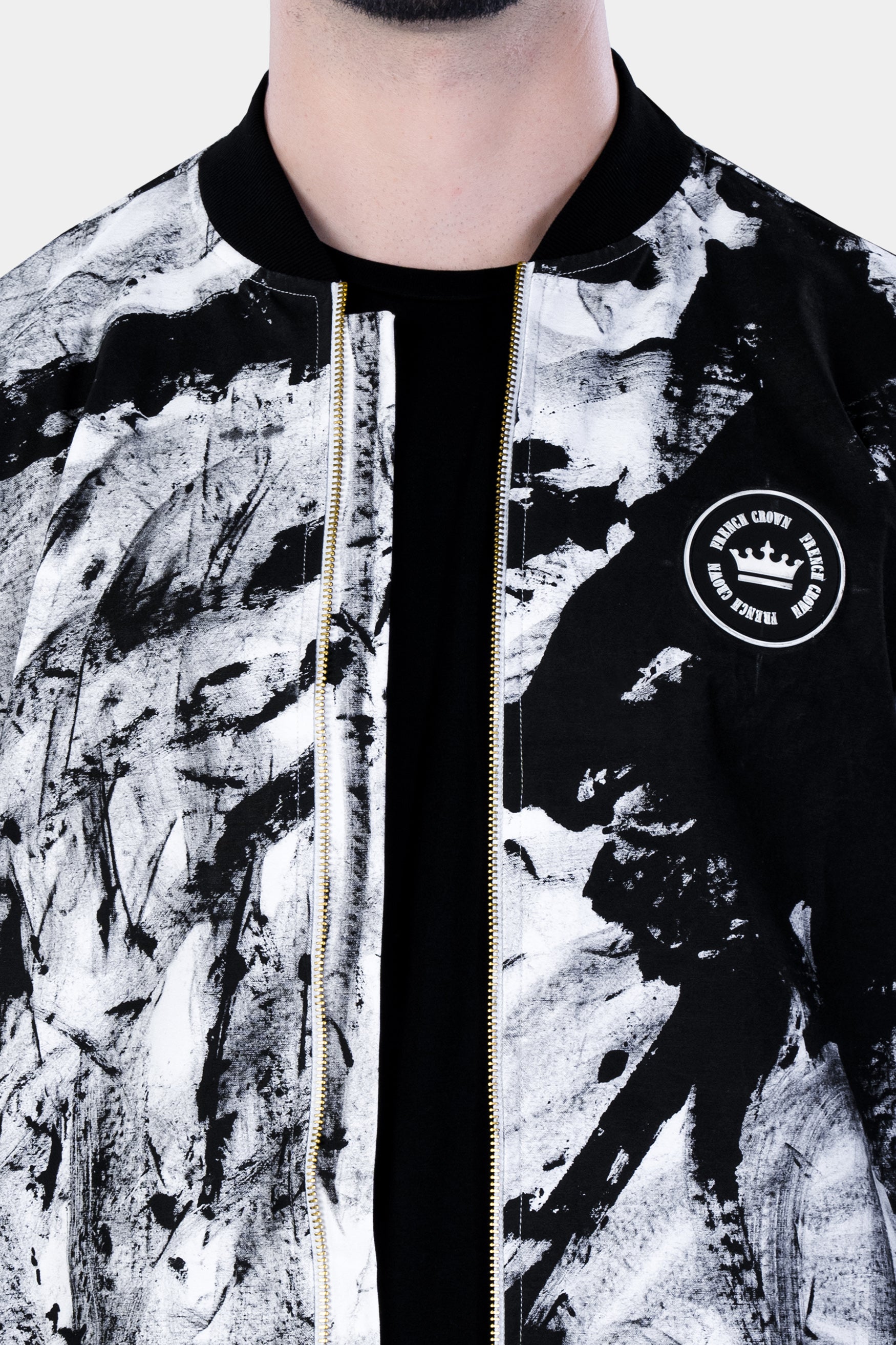 Bright White and Black Abstract Hand Painted Premium Cotton Bomber Jacket