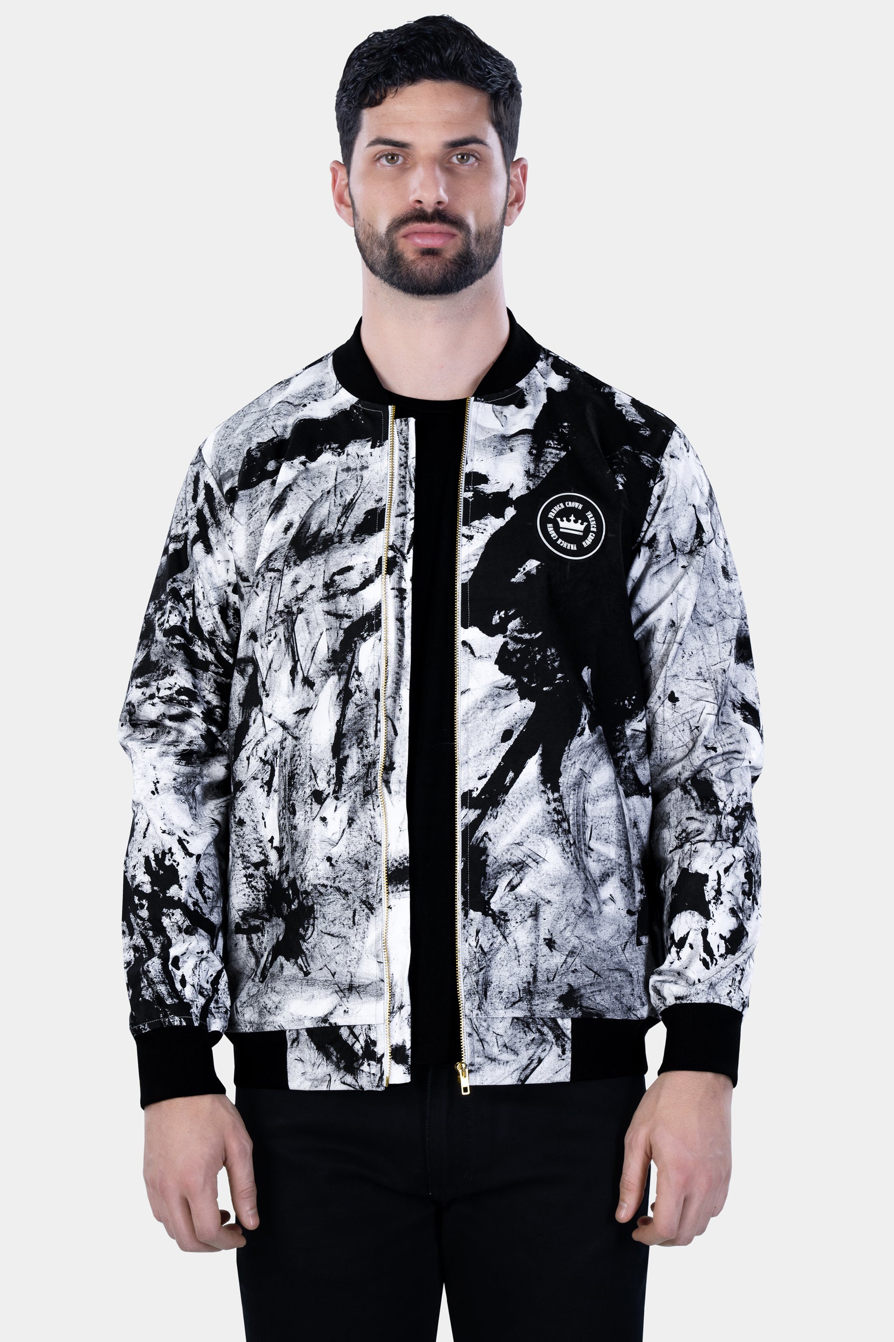Bright White and Black Abstract Hand Painted Premium Cotton Bomber Jacket