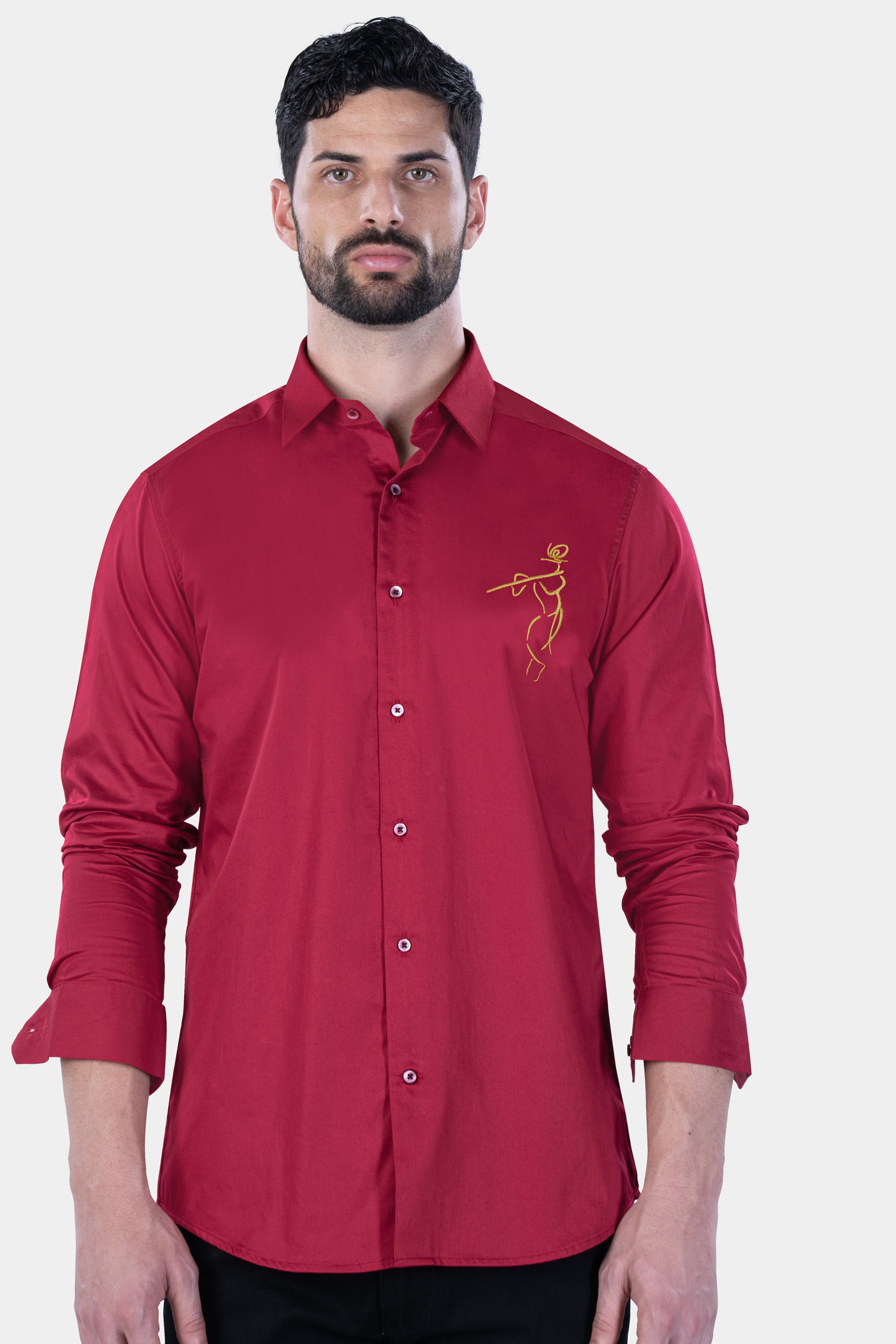 Claret Red Lord Krishna Embroidered Subtle Sheen Super Soft Premium Cotton Designer Shirt