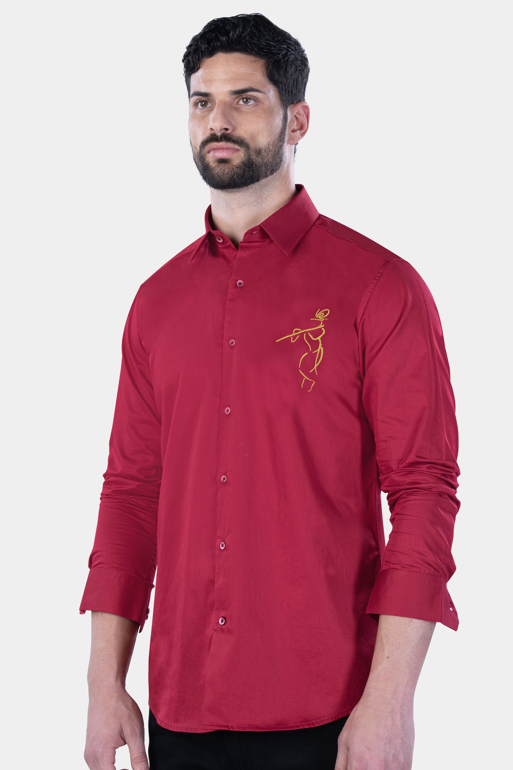 Claret Red Lord Krishna Embroidered Subtle Sheen Super Soft Premium Cotton Designer Shirt