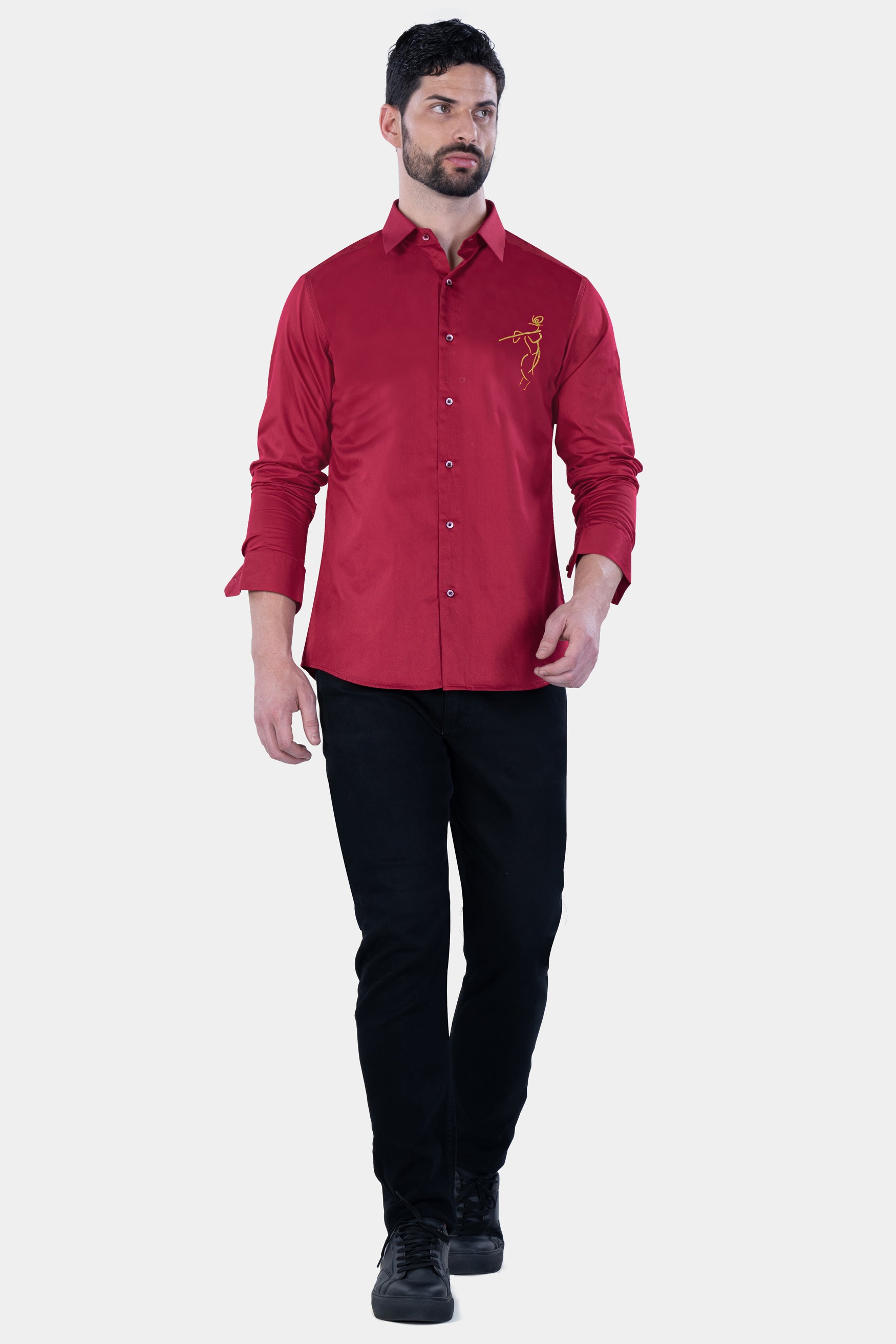 Claret Red Lord Krishna Embroidered Subtle Sheen Super Soft Premium Cotton Designer Shirt