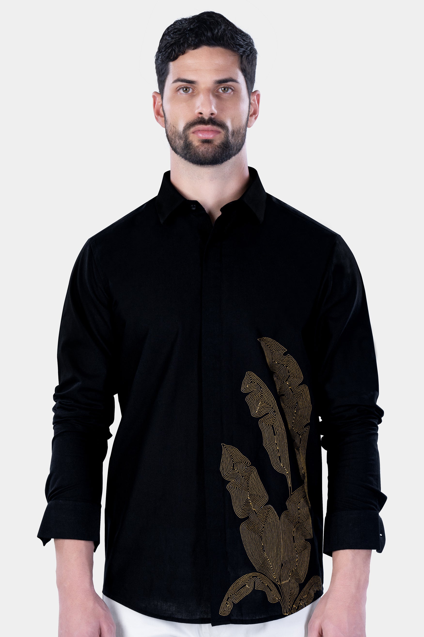 Jade Black Banana Leaves Embroidered Luxurious Linen Designer Shirt