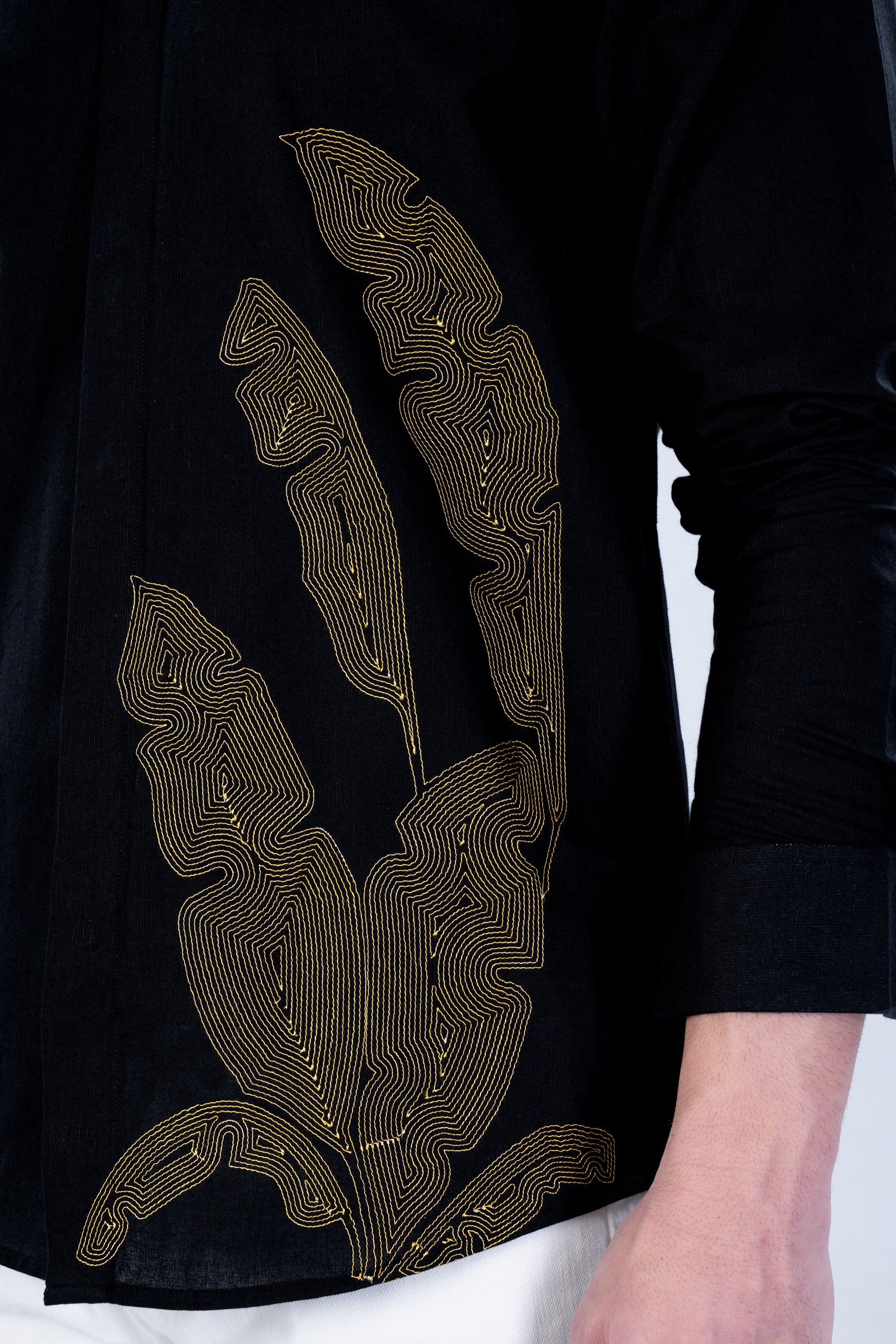 Jade Black Banana Leaves Embroidered Luxurious Linen Designer Shirt