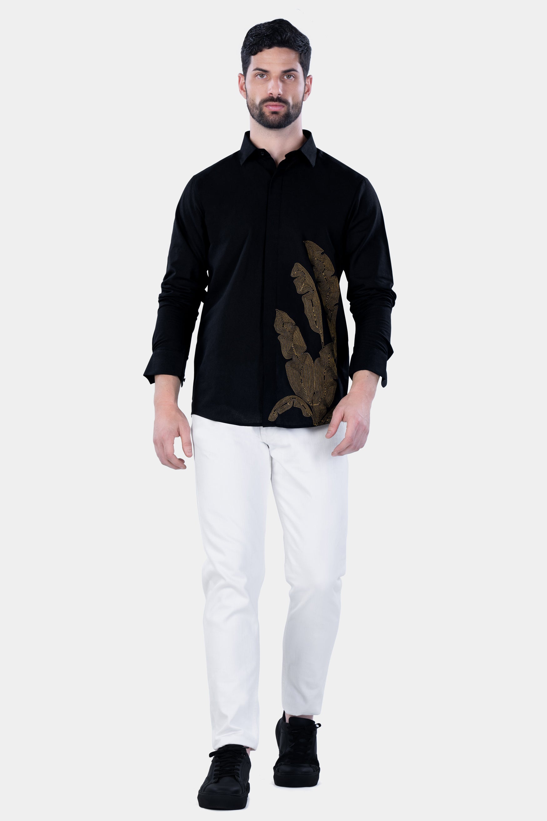 Jade Black Banana Leaves Embroidered Luxurious Linen Designer Shirt