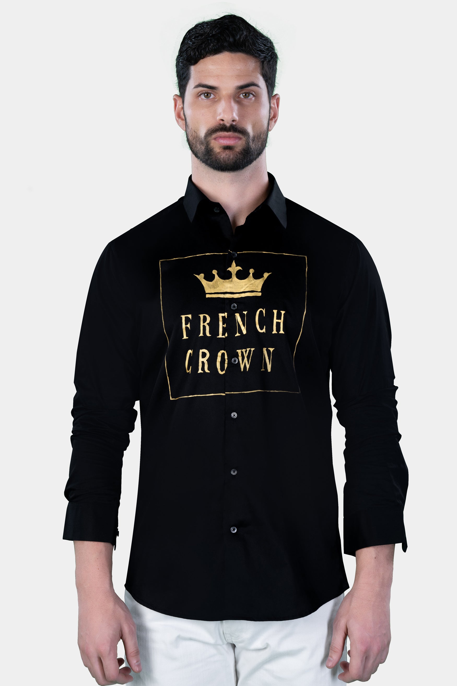 Jade Black French Crown Hand Painted Subtle Sheen Super Soft Premium Cotton Designer Shirt