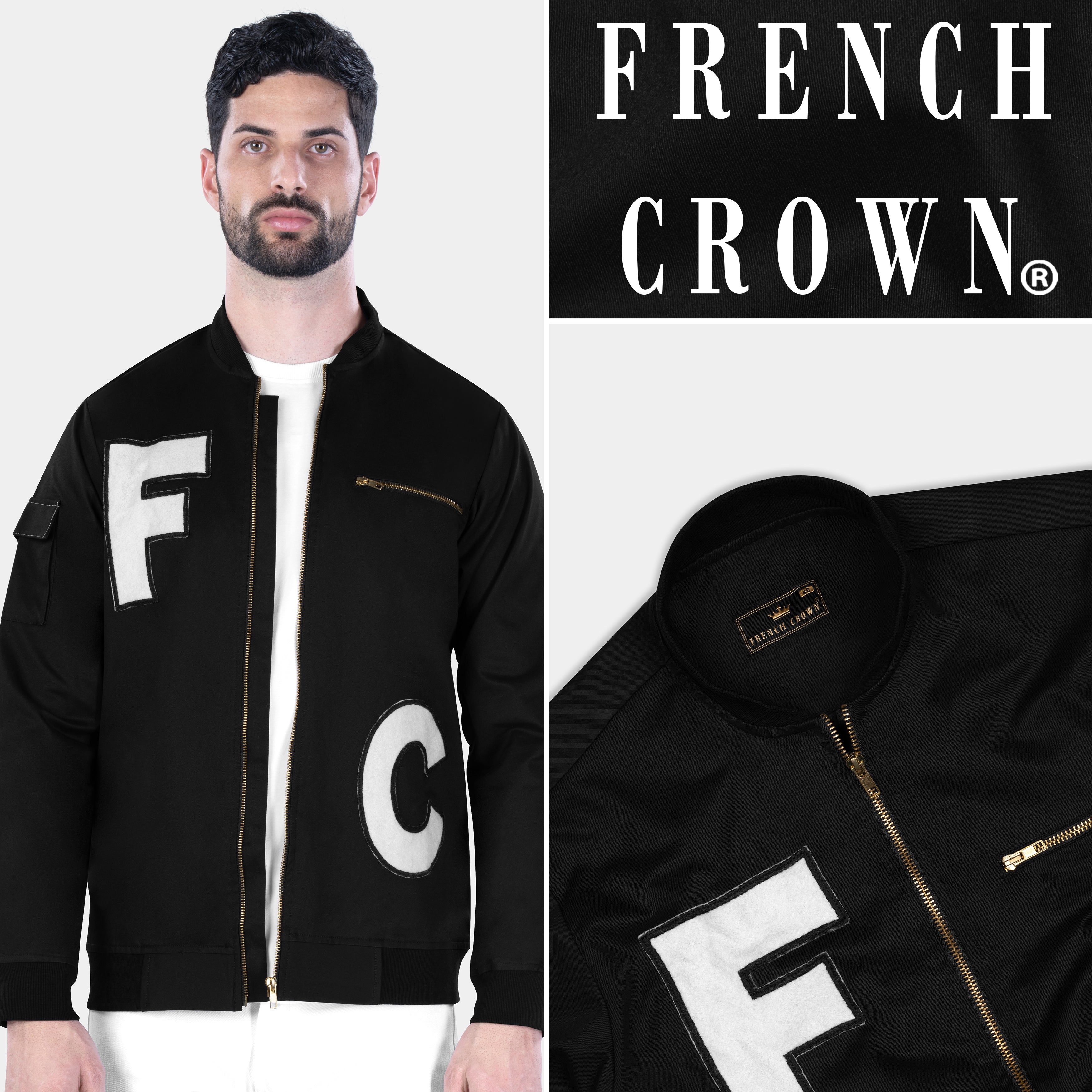 Jade Black French Crown Acronym Patchwork Premium Cotton Bomber Jacket