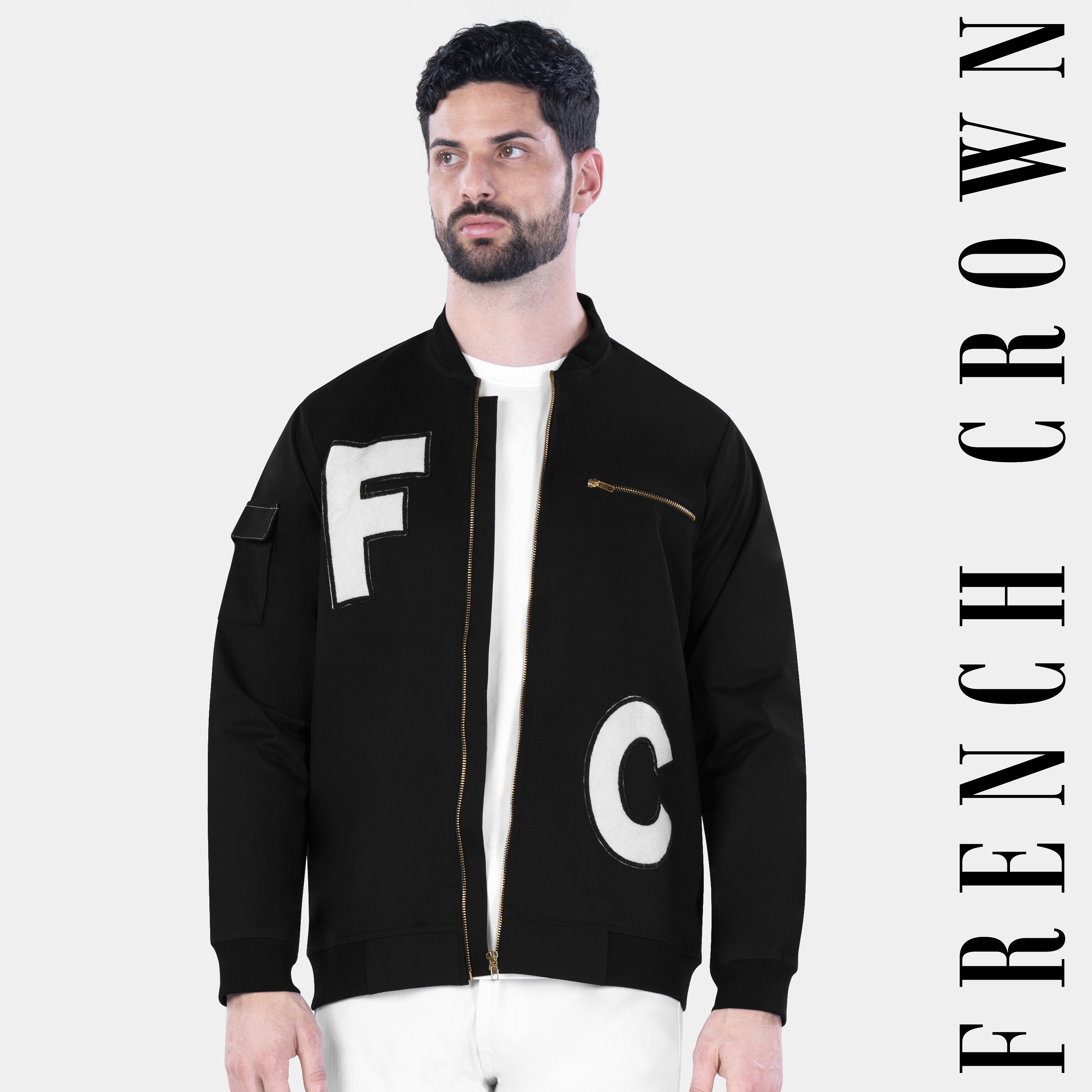 Jade Black French Crown Acronym Patchwork Premium Cotton Bomber Jacket