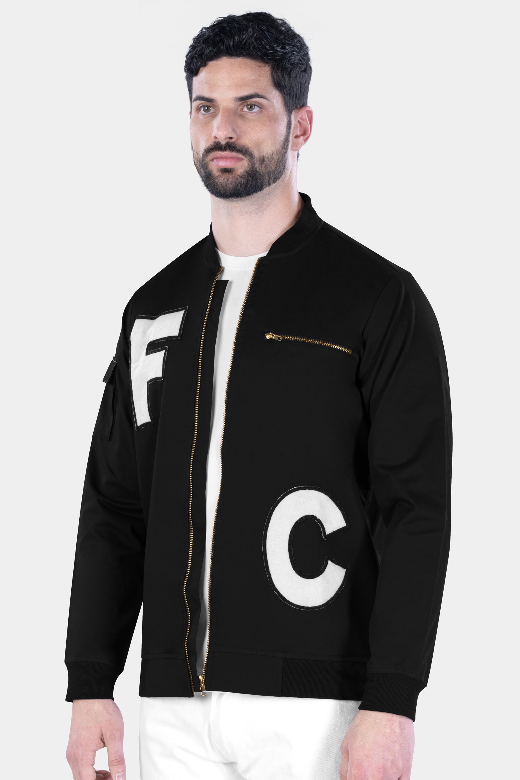 Jade Black French Crown Acronym Patchwork Premium Cotton Bomber Jacket