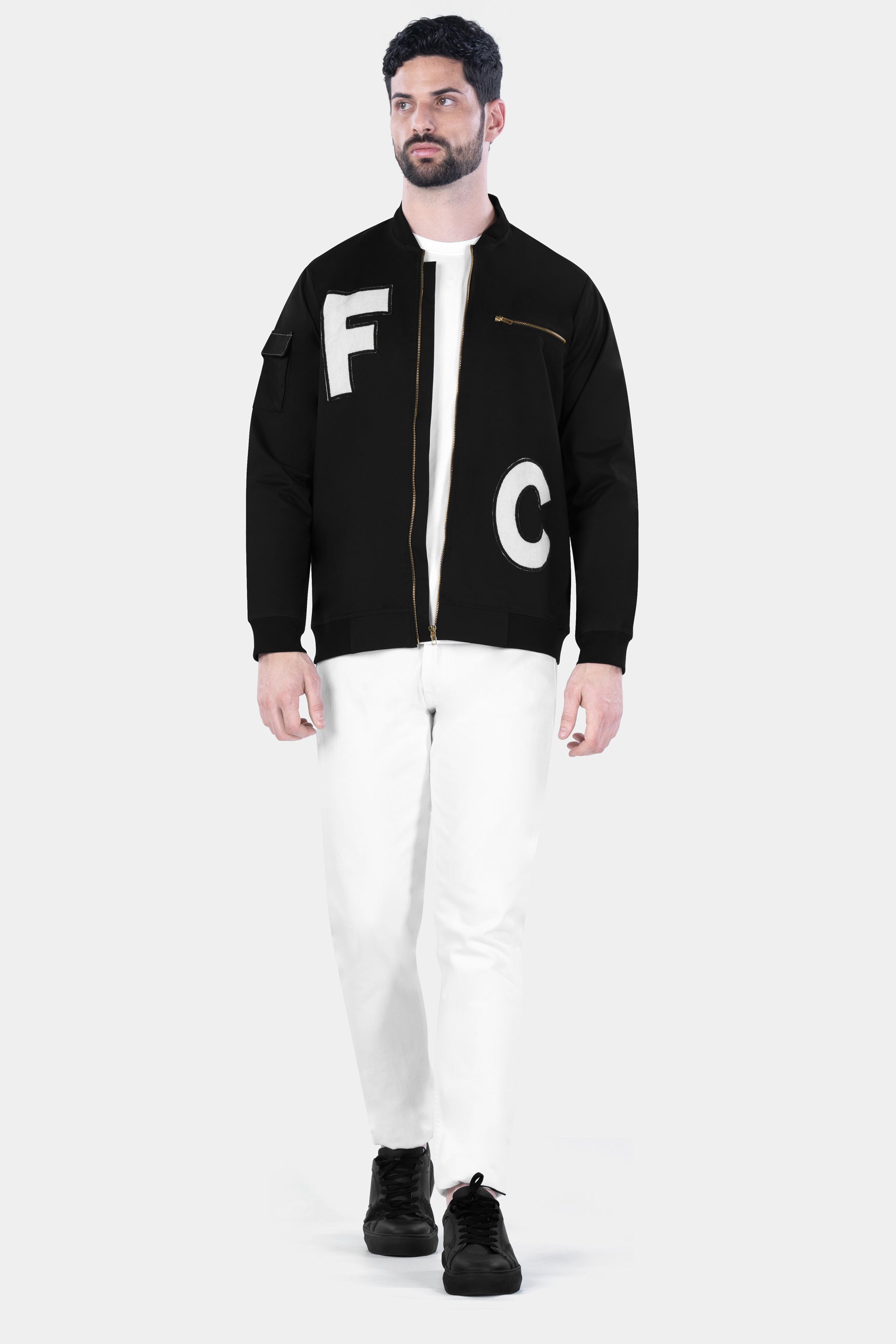 Jade Black French Crown Acronym Patchwork Premium Cotton Bomber Jacket