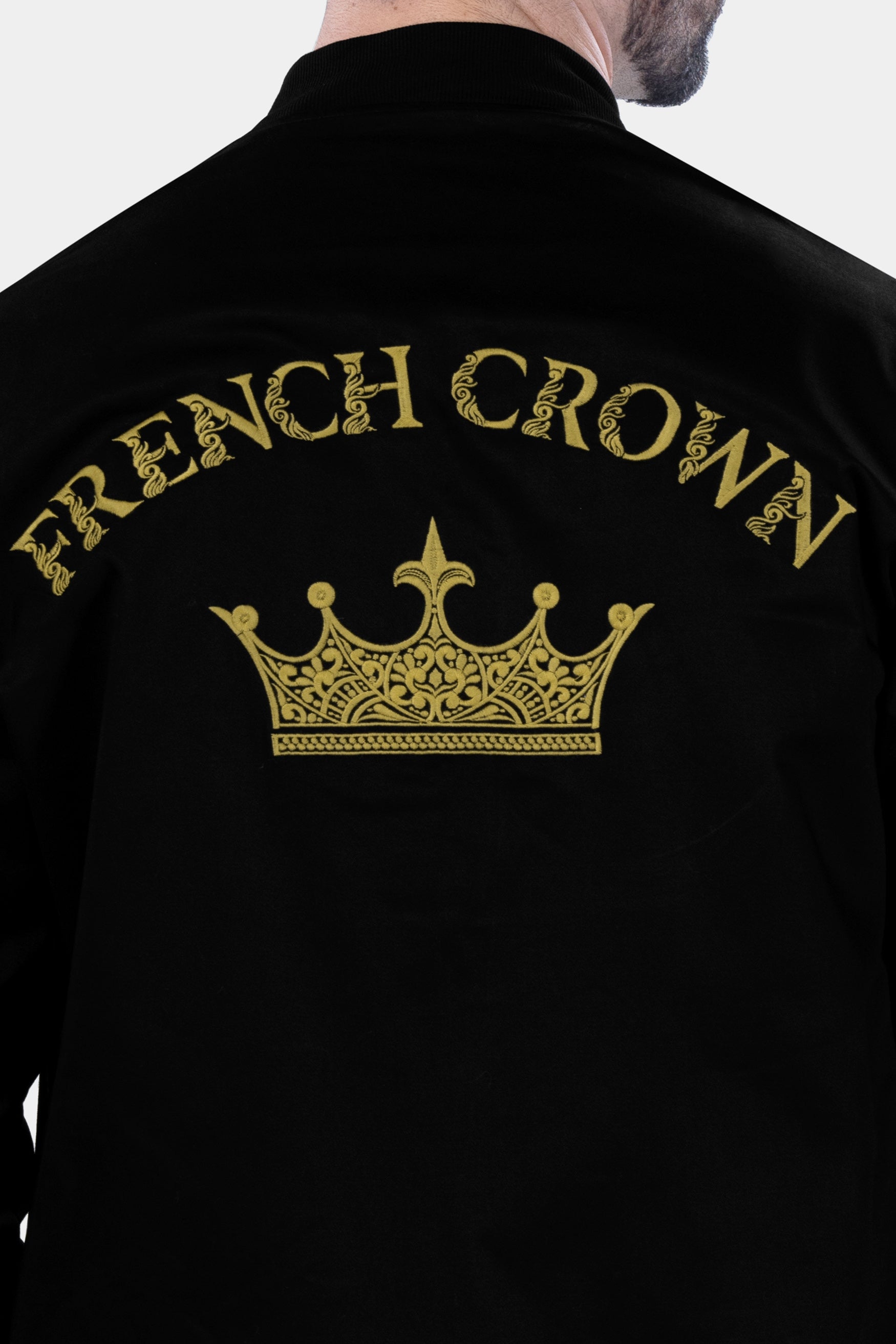 Jade Black French Crown Embroidered Premium Cotton Bomber Jacket