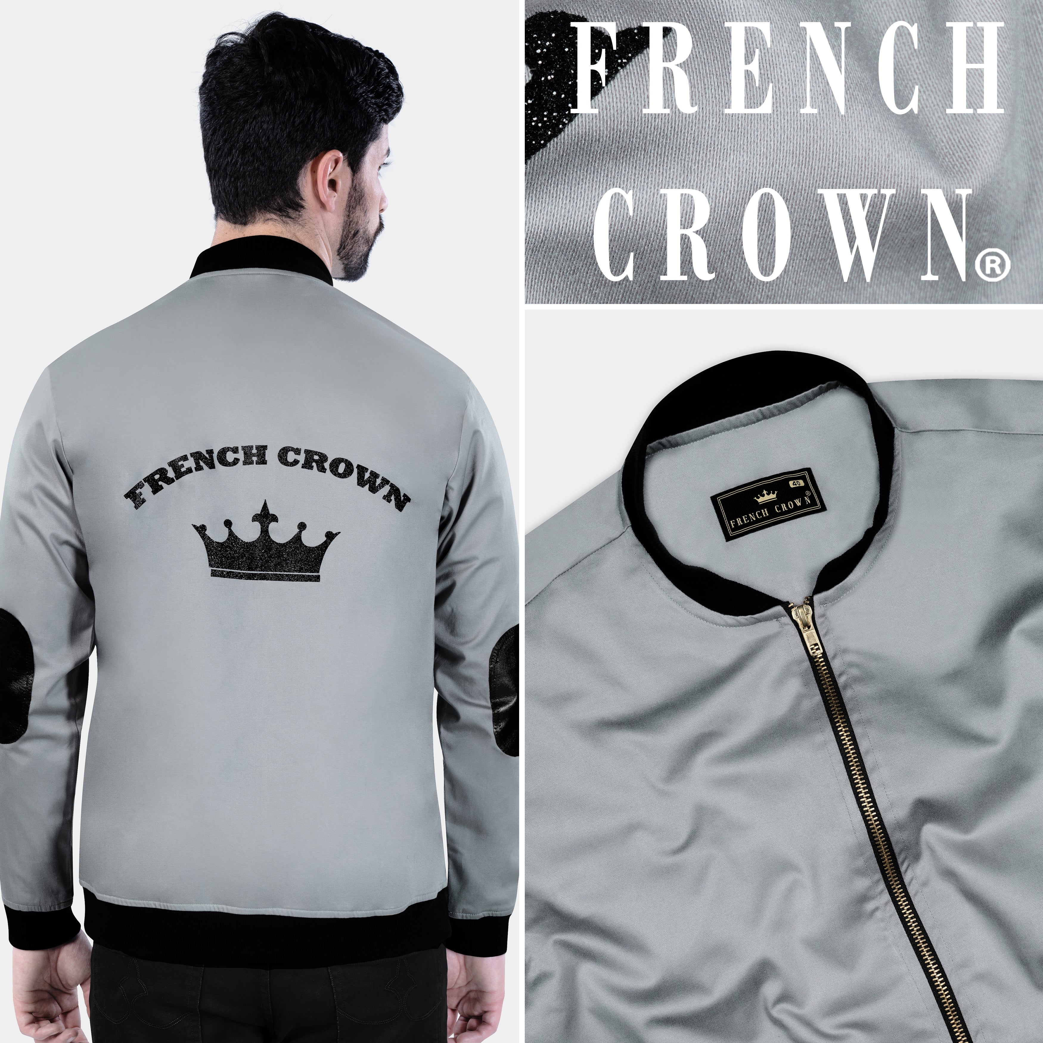 Slate Gray French Crown Printed Premium Cotton Bomber Jacket