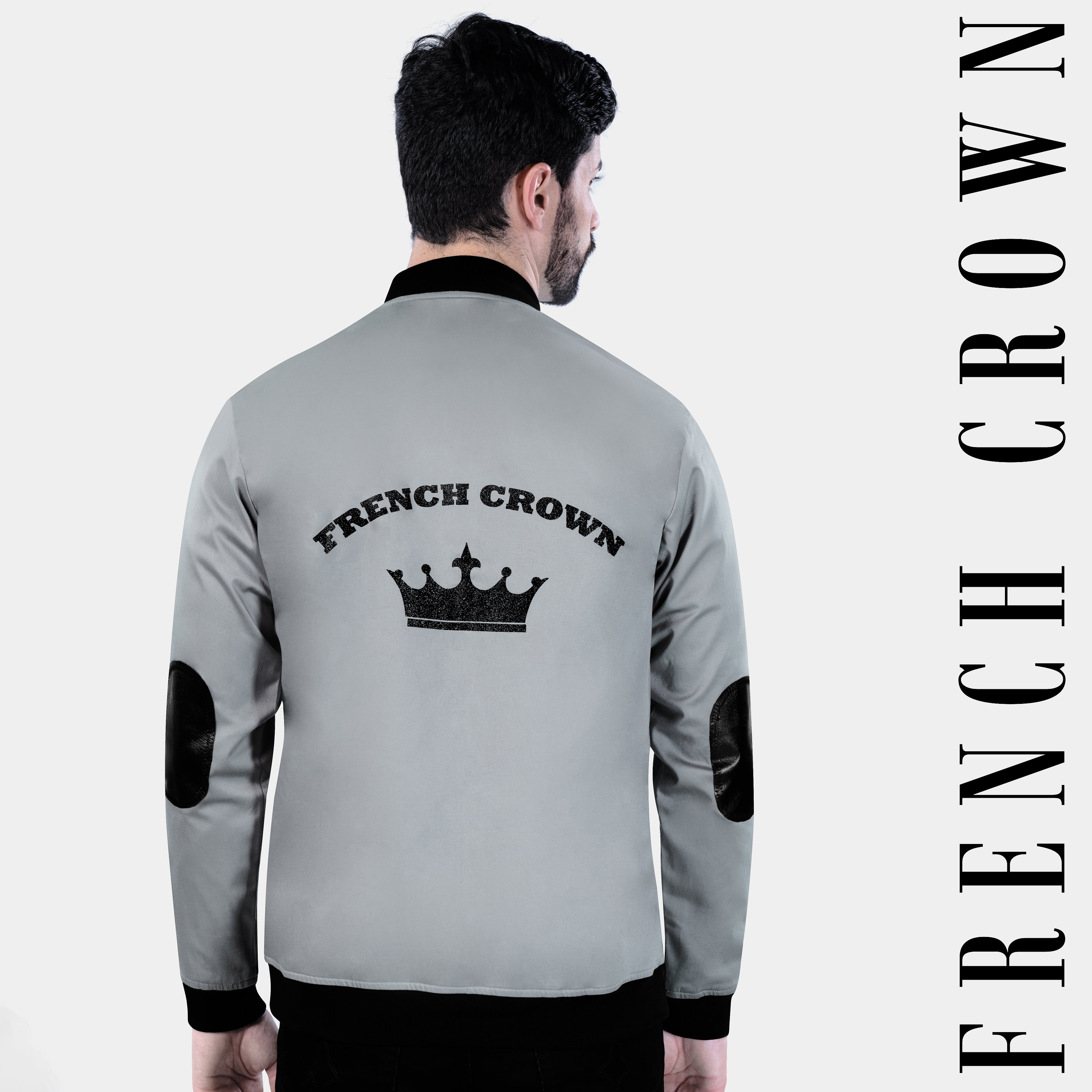 Slate Gray French Crown Printed Premium Cotton Bomber Jacket