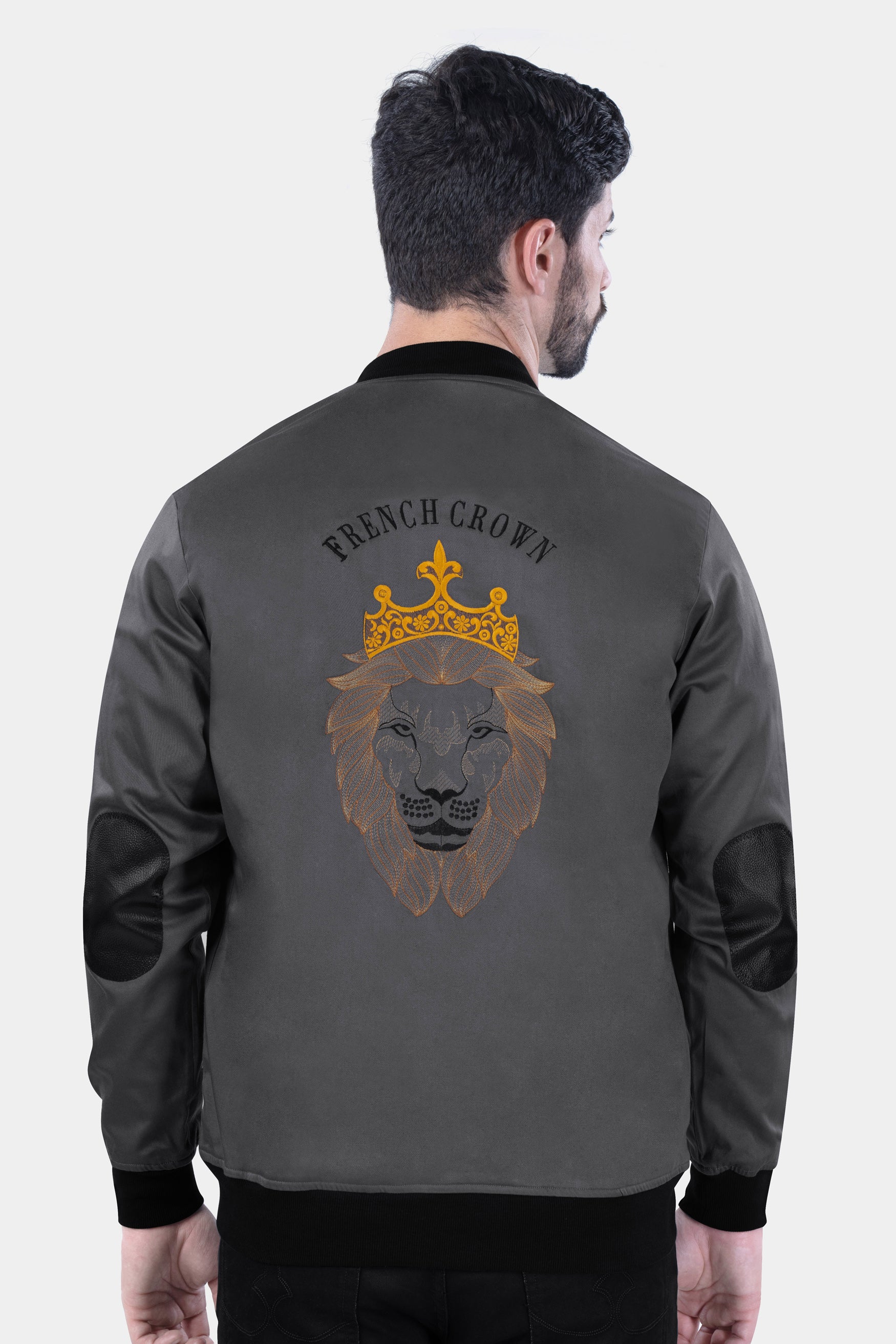 Abbey Gray Lion Embroidered Premium Cotton Bomber Jacket