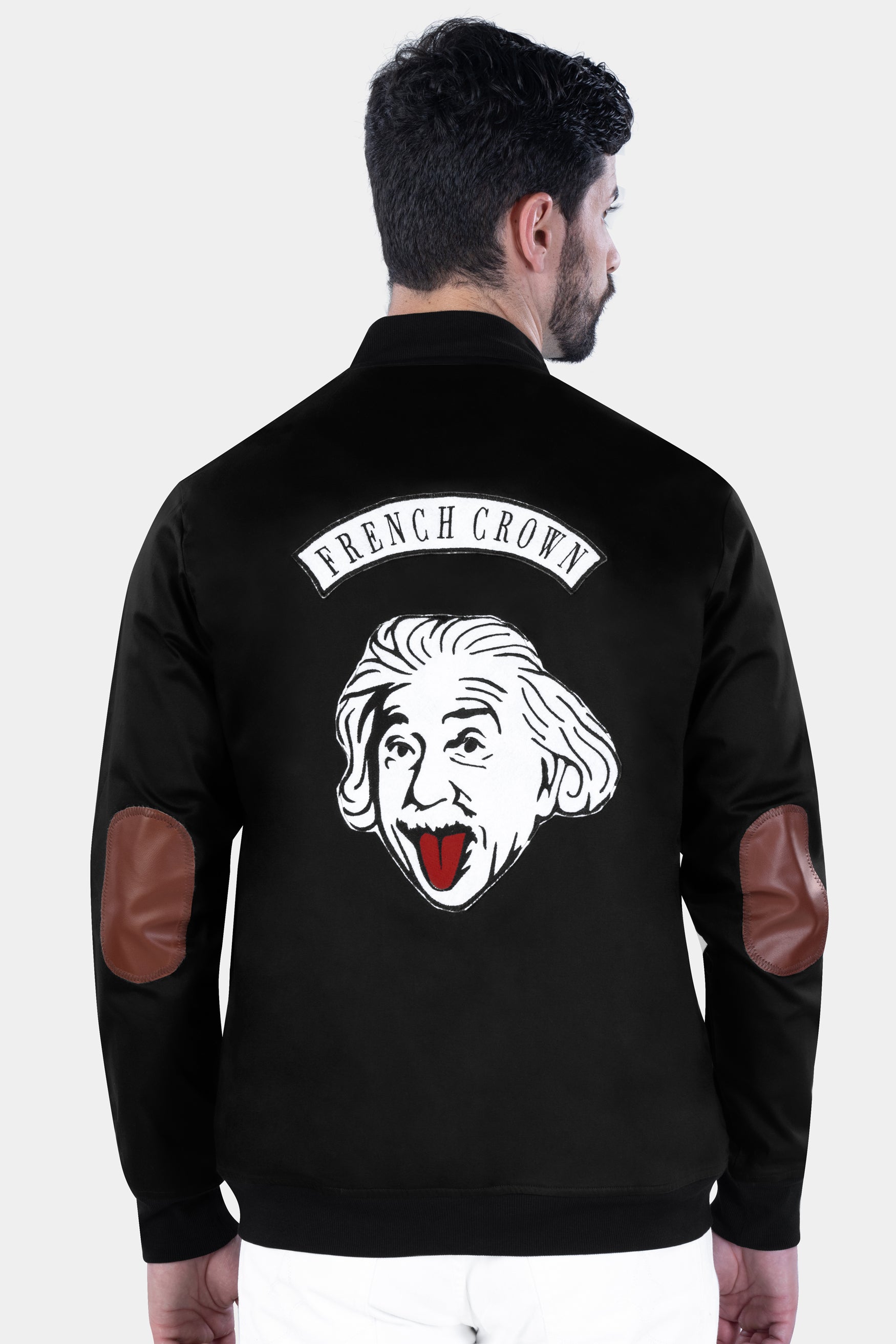 Jade Black Funny Einstein Patchwork Premium Cotton Bomber Jacket