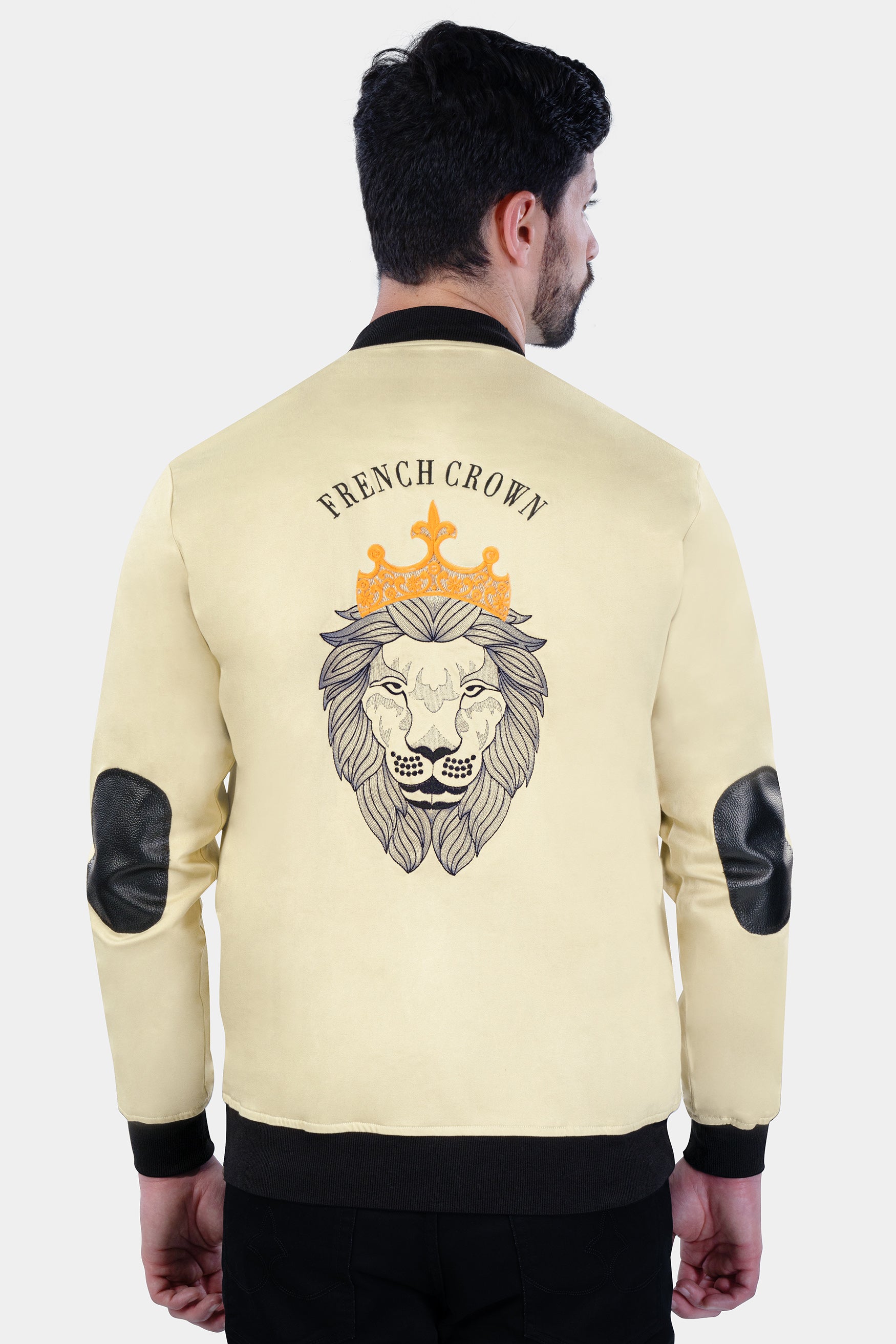Hampton Cream Lion Embroidered Premium Cotton Bomber Jacket