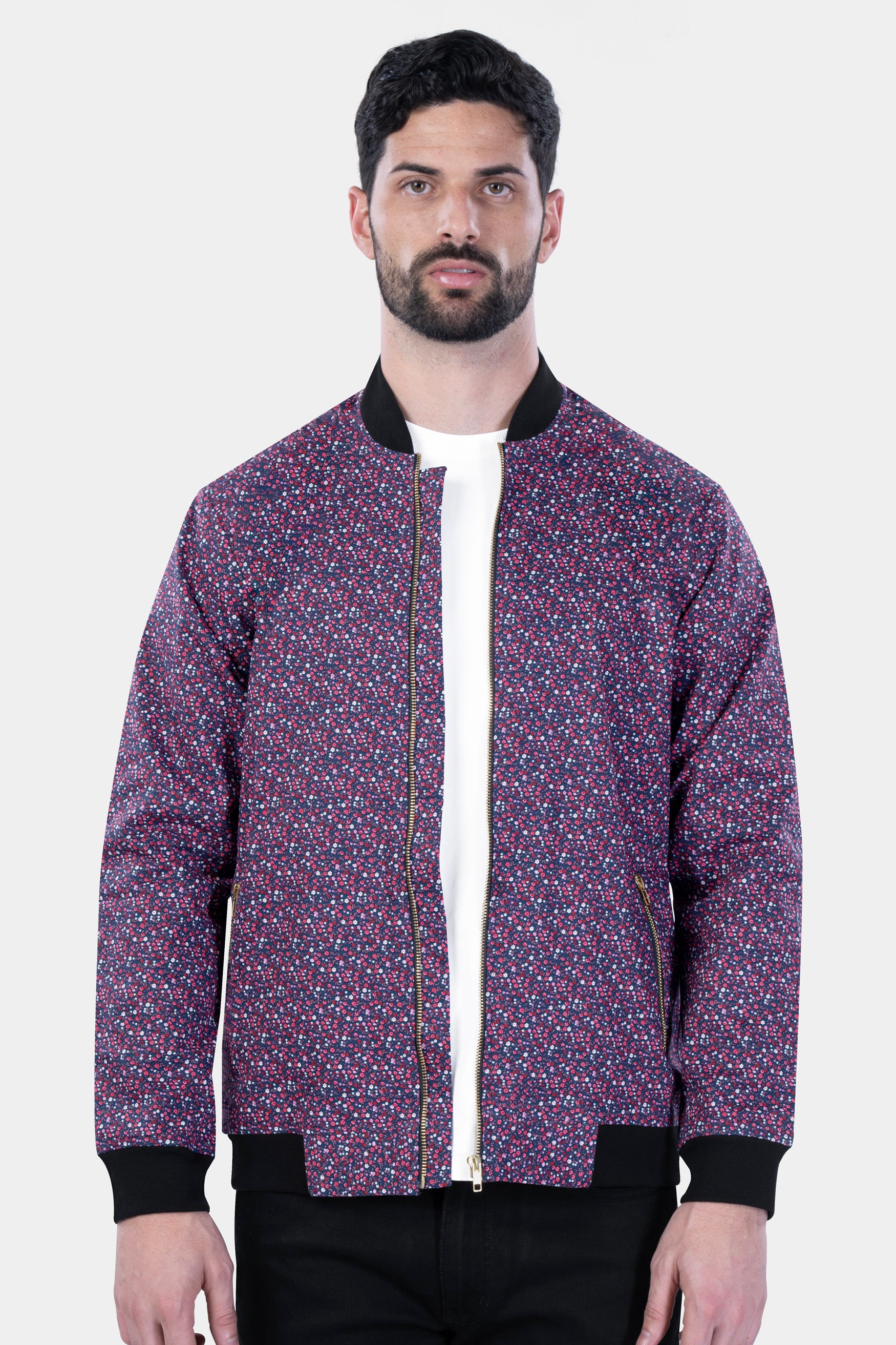 Firefly Blue Multicolour Ditsy Printed Premium Cotton Bomber Jacket