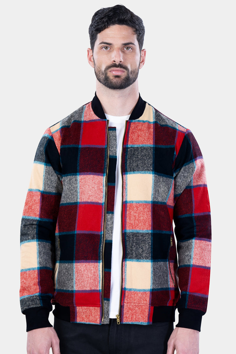 JASPER RED AND RAFFIA BEIGE MULTICOLOUR WINDOWPANE FLANNEL BOMBER JACKET