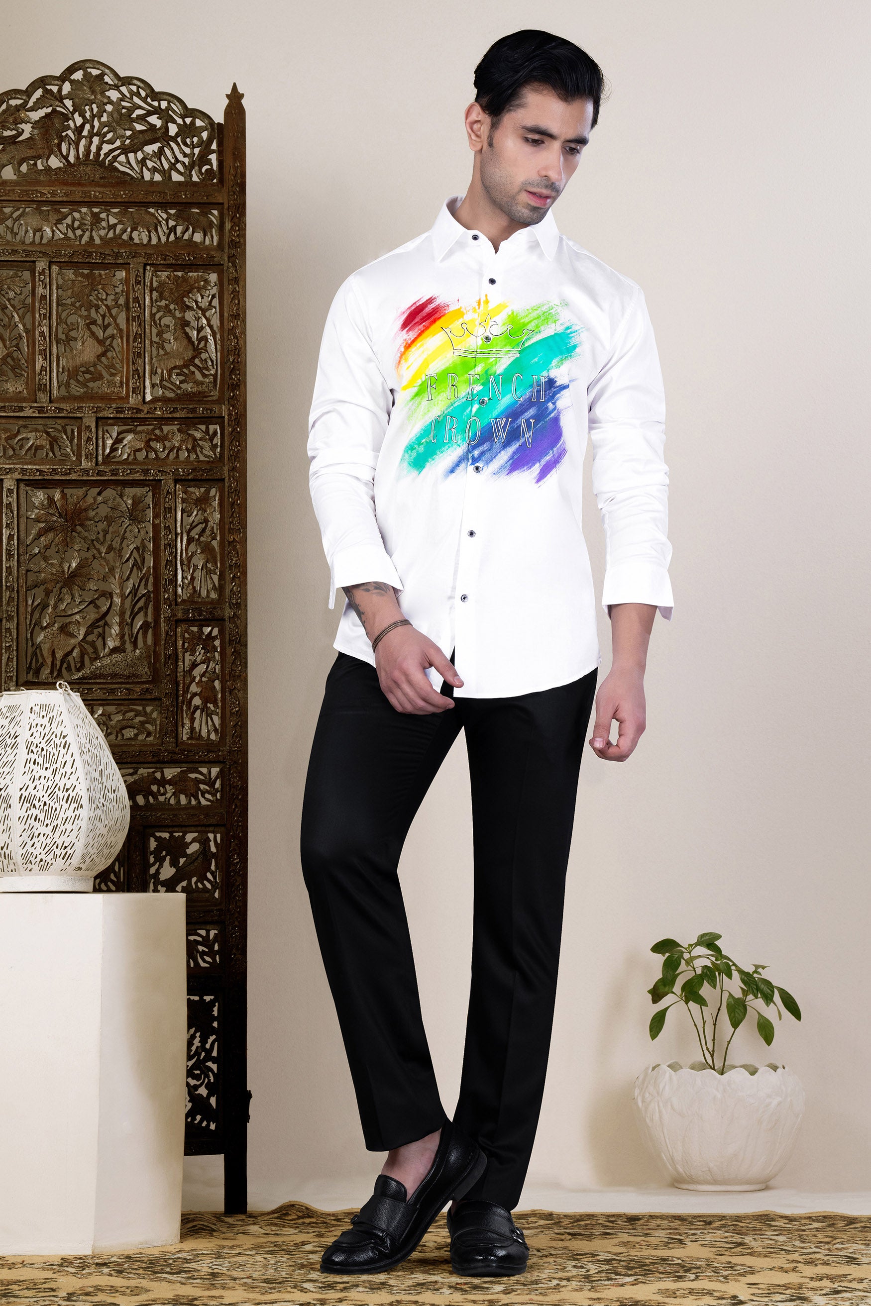 Bright White Multicolour with French Crown Hand Painted Subtle Sheen Super Soft Premium Cotton Designer Shirt 12166-NP-BLK-ART-38, 12166-NP-BLK-ART-H-38, 12166-NP-BLK-ART-39, 12166-NP-BLK-ART-H-39, 12166-NP-BLK-ART-40, 12166-NP-BLK-ART-H-40, 12166-NP-BLK-ART-42, 12166-NP-BLK-ART-H-42, 12166-NP-BLK-ART-44, 12166-NP-BLK-ART-H-44, 12166-NP-BLK-ART-46, 12166-NP-BLK-ART-H-46, 12166-NP-BLK-ART-48, 12166-NP-BLK-ART-H-48, 12166-NP-BLK-ART-50, 12166-NP-BLK-ART-H-50, 12166-NP-BLK-ART-52, 12166-NP-BLK-ART-H-52