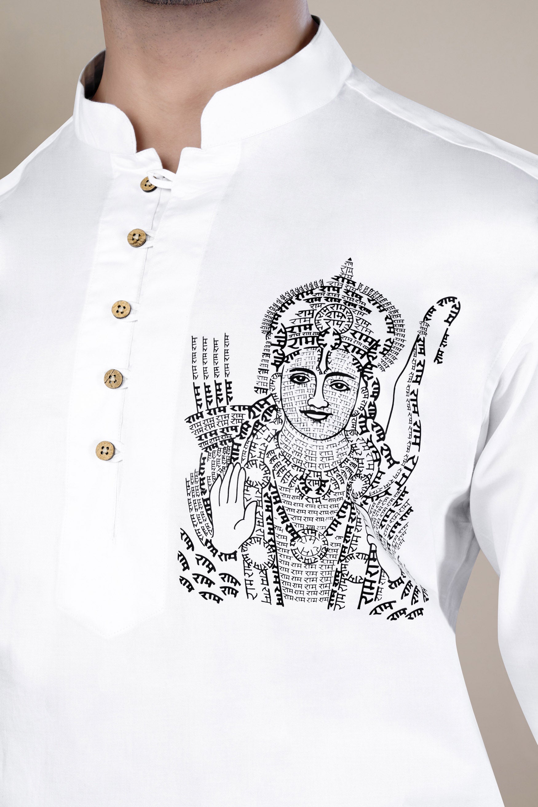 Bright White Lord Ram Printed Subtle Sheen Super Soft Premium Cotton Designer Kurta Shirt