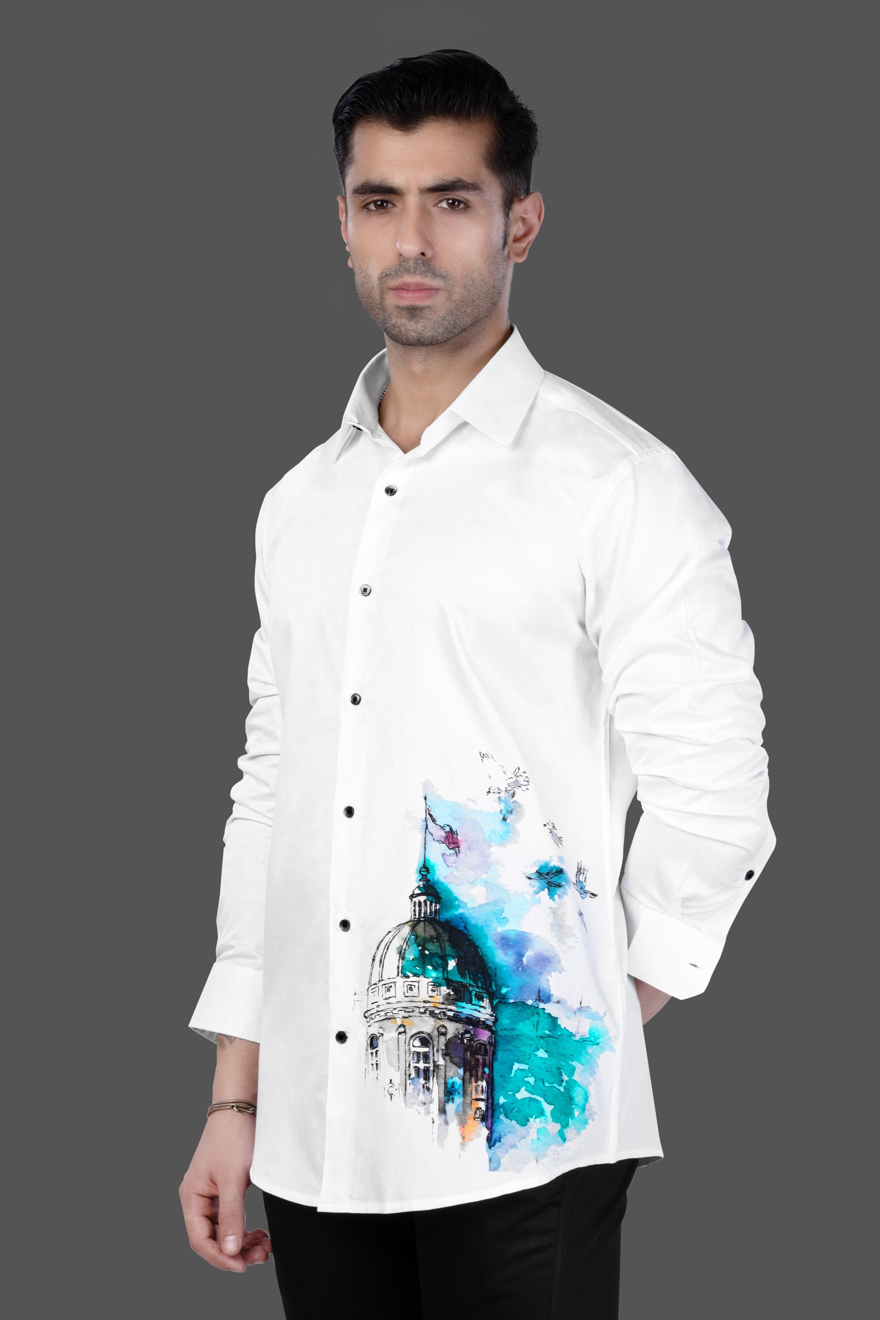 Bright White Abstract Hand Painted Effect Printed Subtle Sheen Super Soft Premium Cotton Designer Shirt