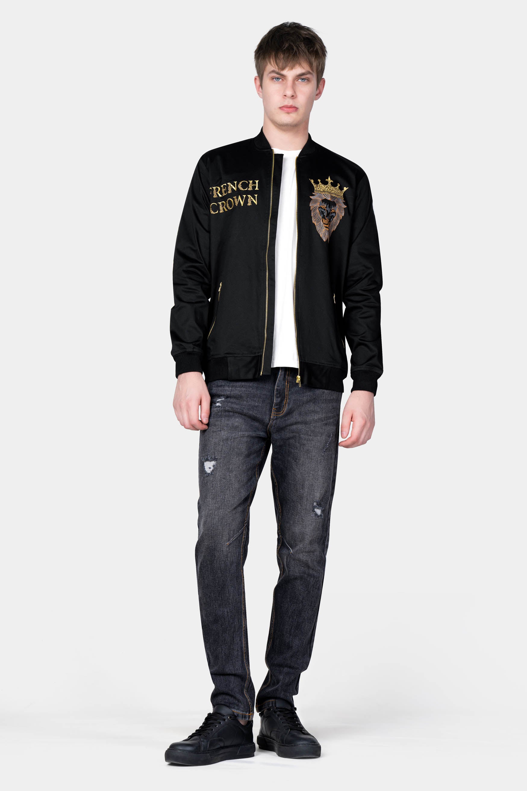 Jade Black French Crown Golden Zari Embroidered Premium Cotton Signature Bomber Designer Jacket