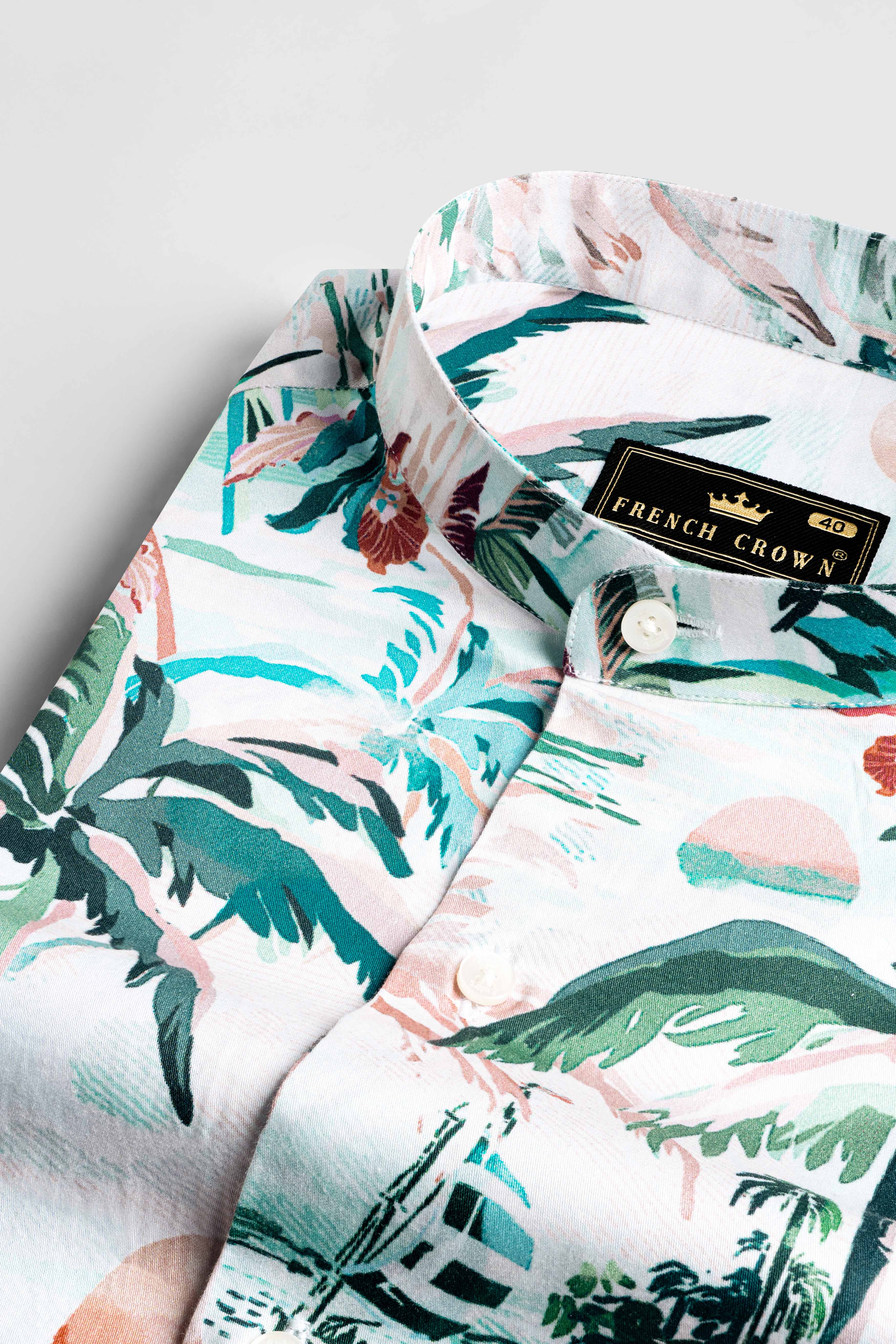 Bright White and Celeste Blue Multicolour Tropical Printed Subtle Sheen Super Soft Premium Cotton Designer Shirt