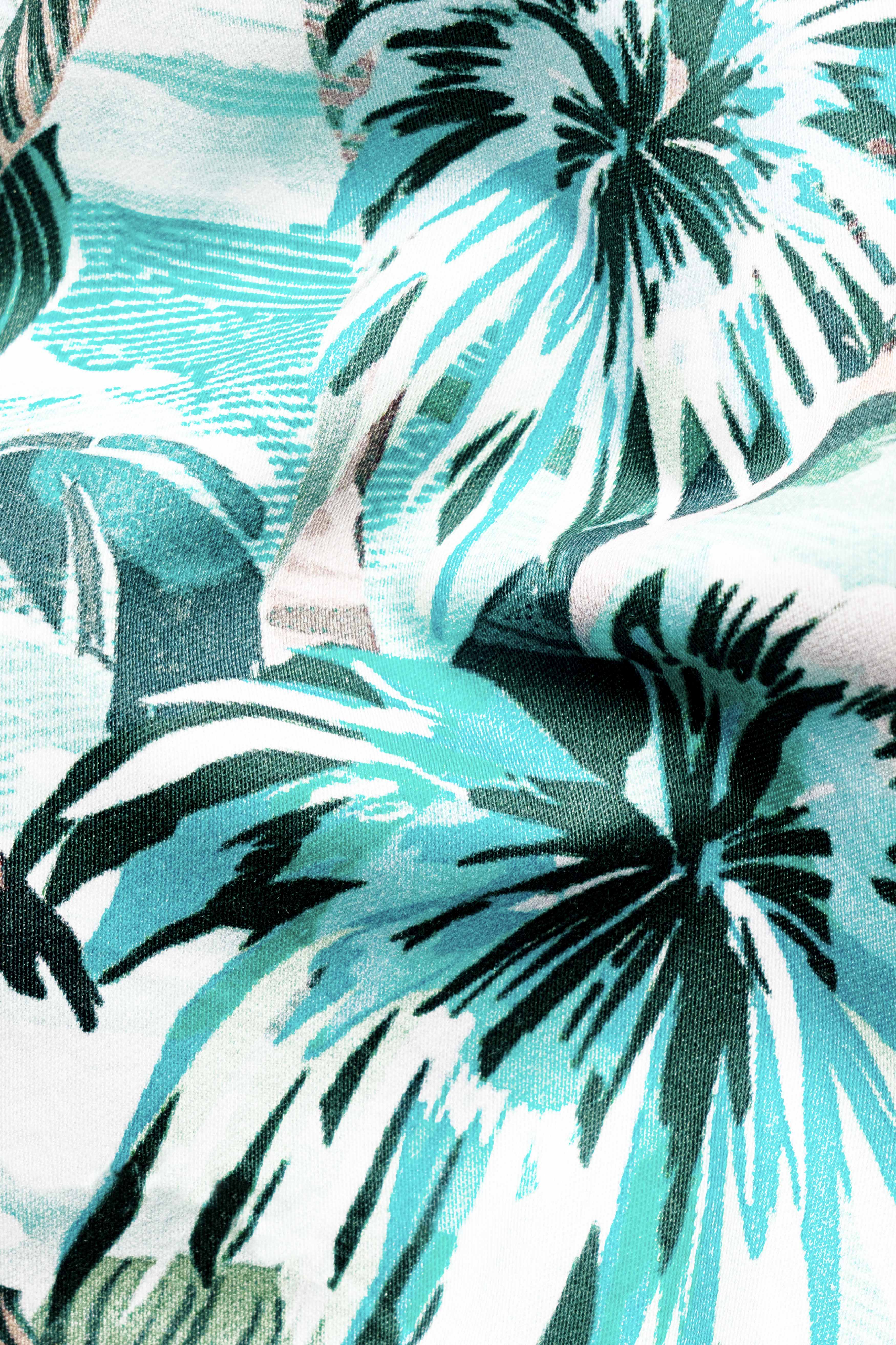 Bright White and Celeste Blue Multicolour Tropical Printed Subtle Sheen Super Soft Premium Cotton Designer Shirt