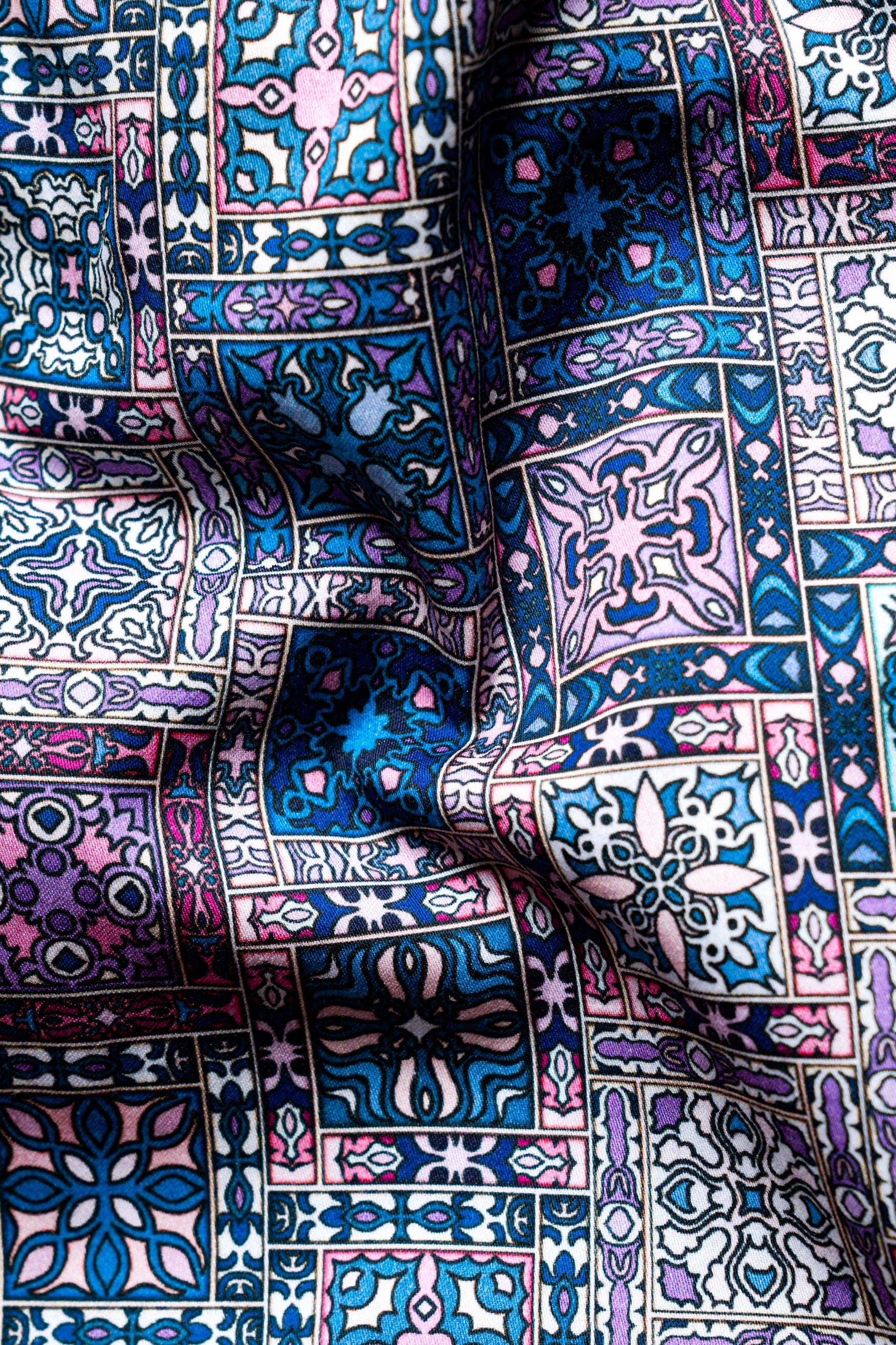 Regal Blue and Faded Purple Multicolour Tile Printed Subtle Sheen Super Soft Premium Cotton Designer Shirt
