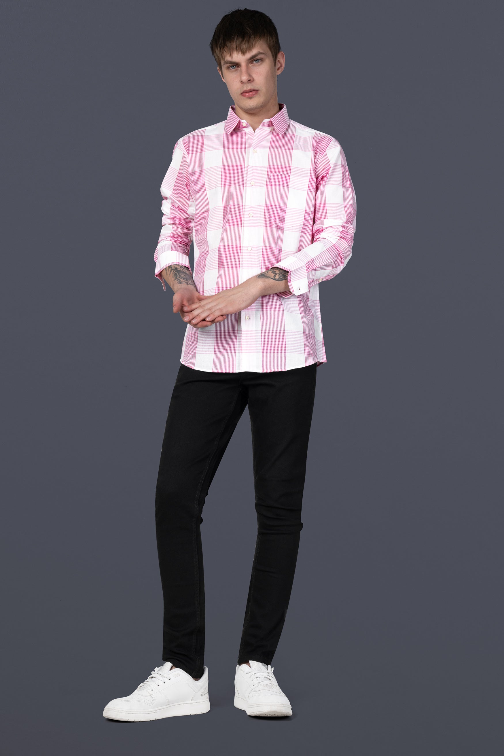 Bright White and Cadillac Pink Gingham Checkered Premium Cotton Shirt 12194-38, 12194-H-38, 12194-39, 12194-H-39, 12194-40, 12194-H-40, 12194-42, 12194-H-42, 12194-44, 12194-H-44, 12194-46, 12194-H-46, 12194-48, 12194-H-48, 12194-50, 12194-H-50, 12194-52, 12194-H-52