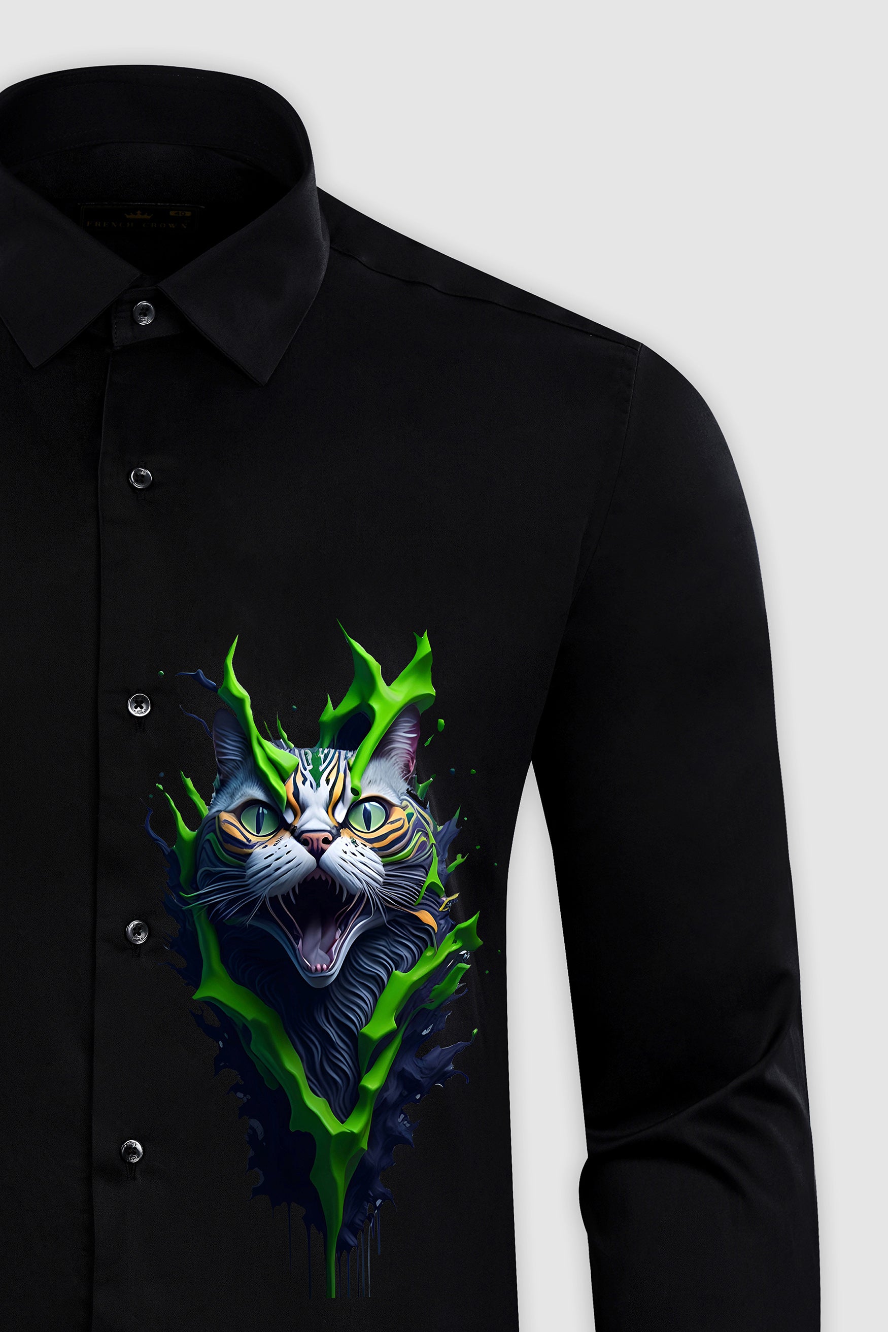 Jade Black Ferocious Cat Printed Subtle Sheen Super Soft Premium Cotton Designer Shirt