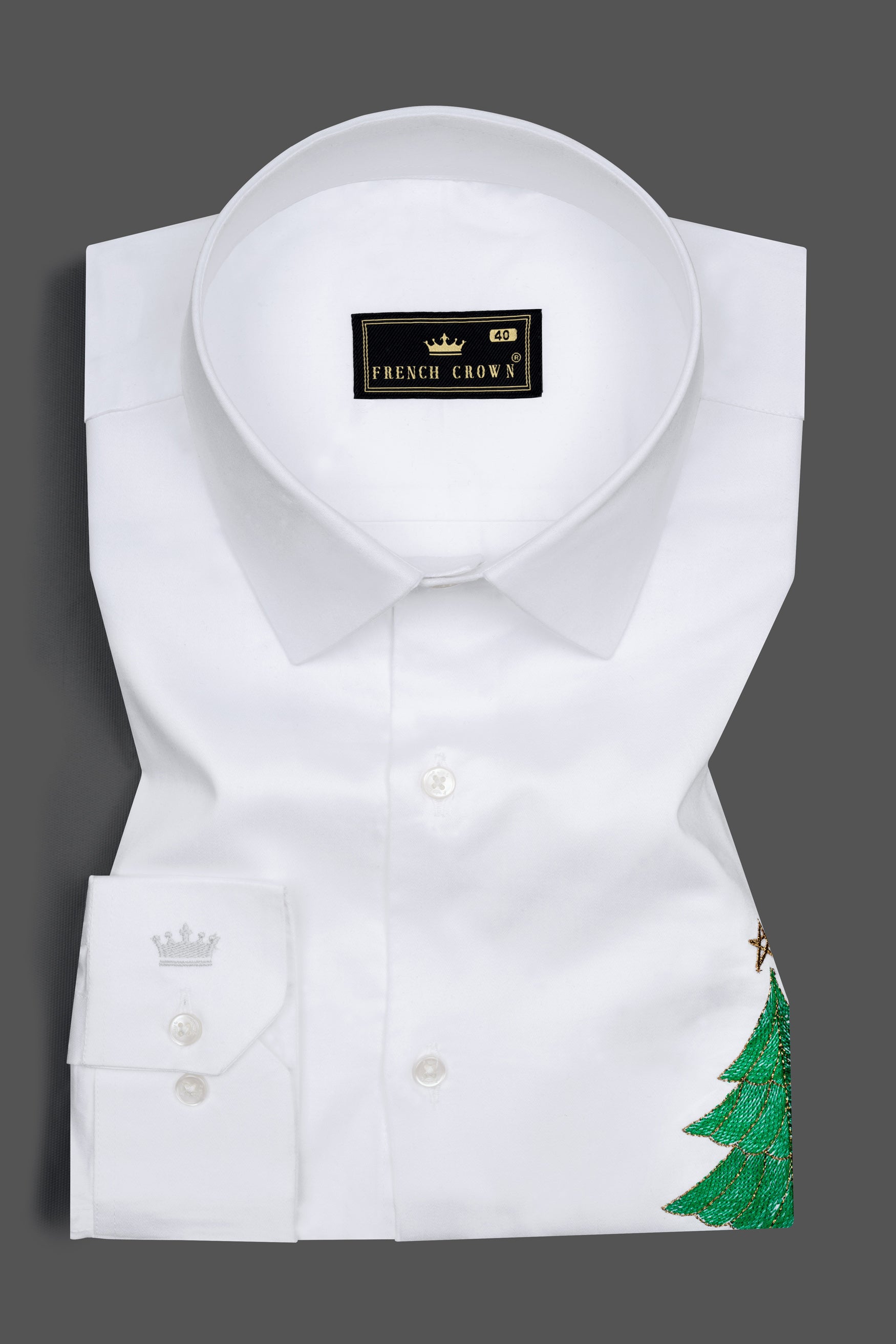 Bright White Christmas Tree Embroidered Subtle Sheen Super Soft Premium Cotton Designer Shirt
