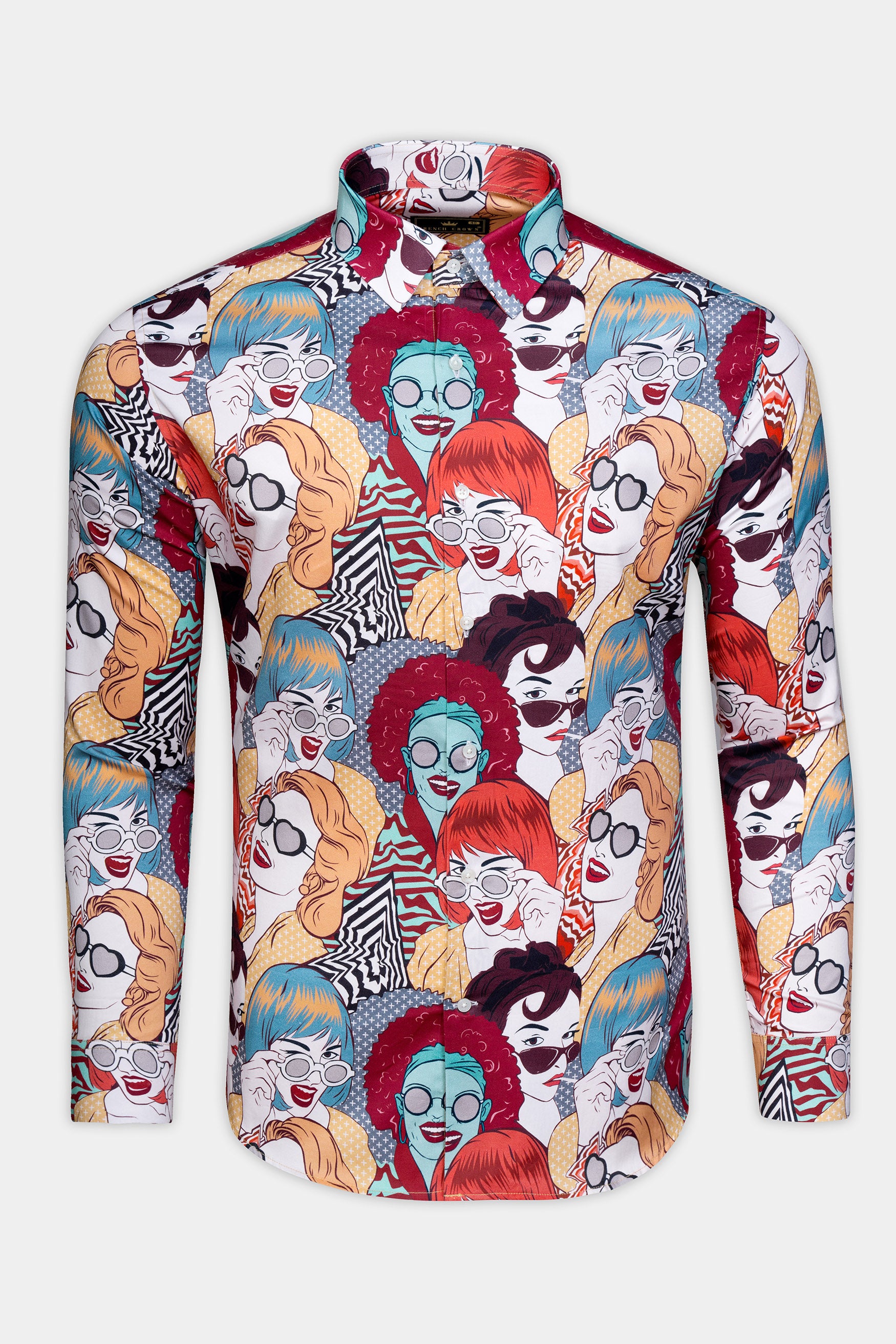 Glacier Blue and Burgundy Multicolour Pop Art Digital Printed Subtle Sheen Super Soft Premium Cotton Designer Shirt