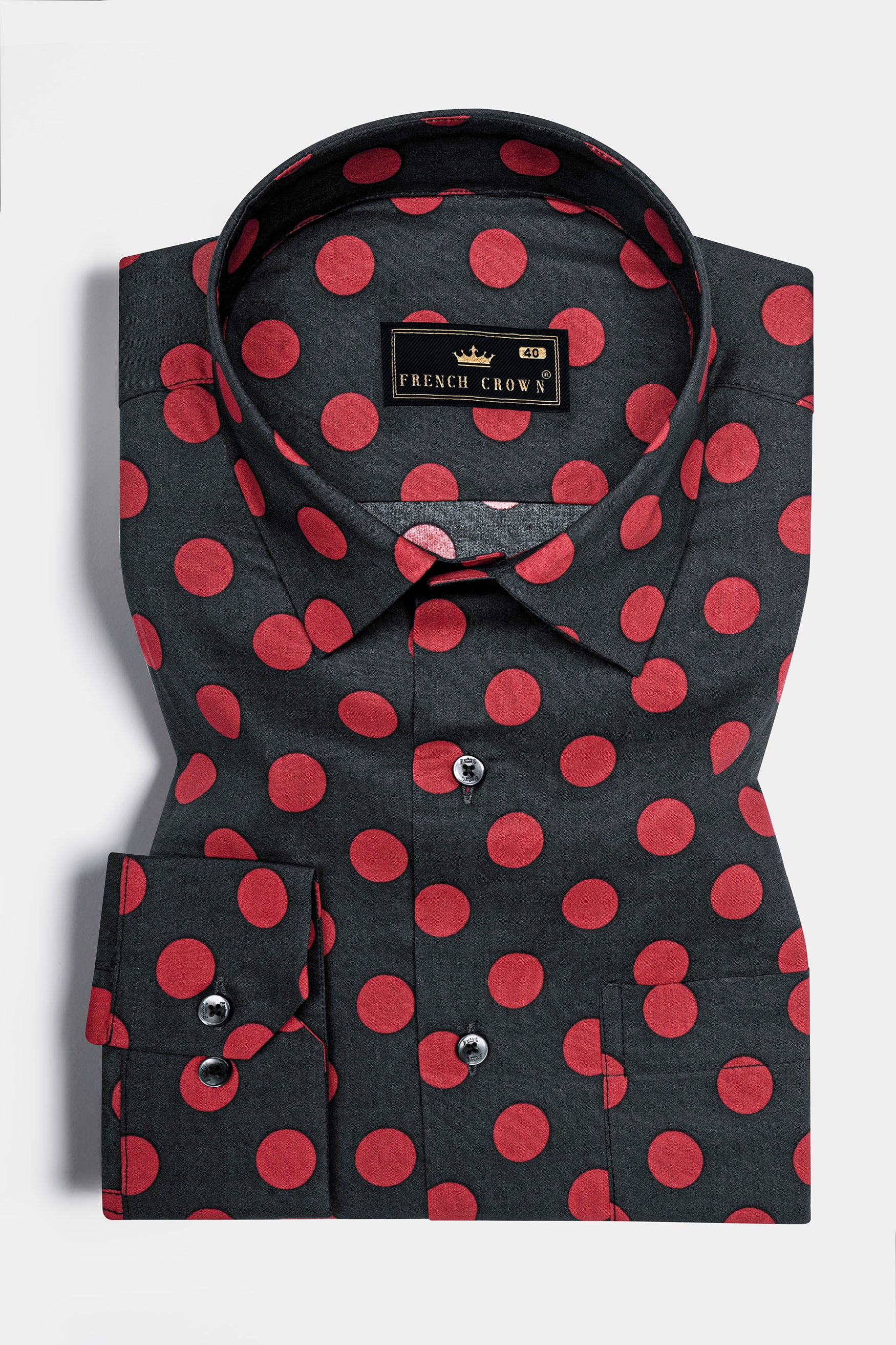 Charcoal Gray and Rose Red Polka Dotted Premium Cotton Shirt