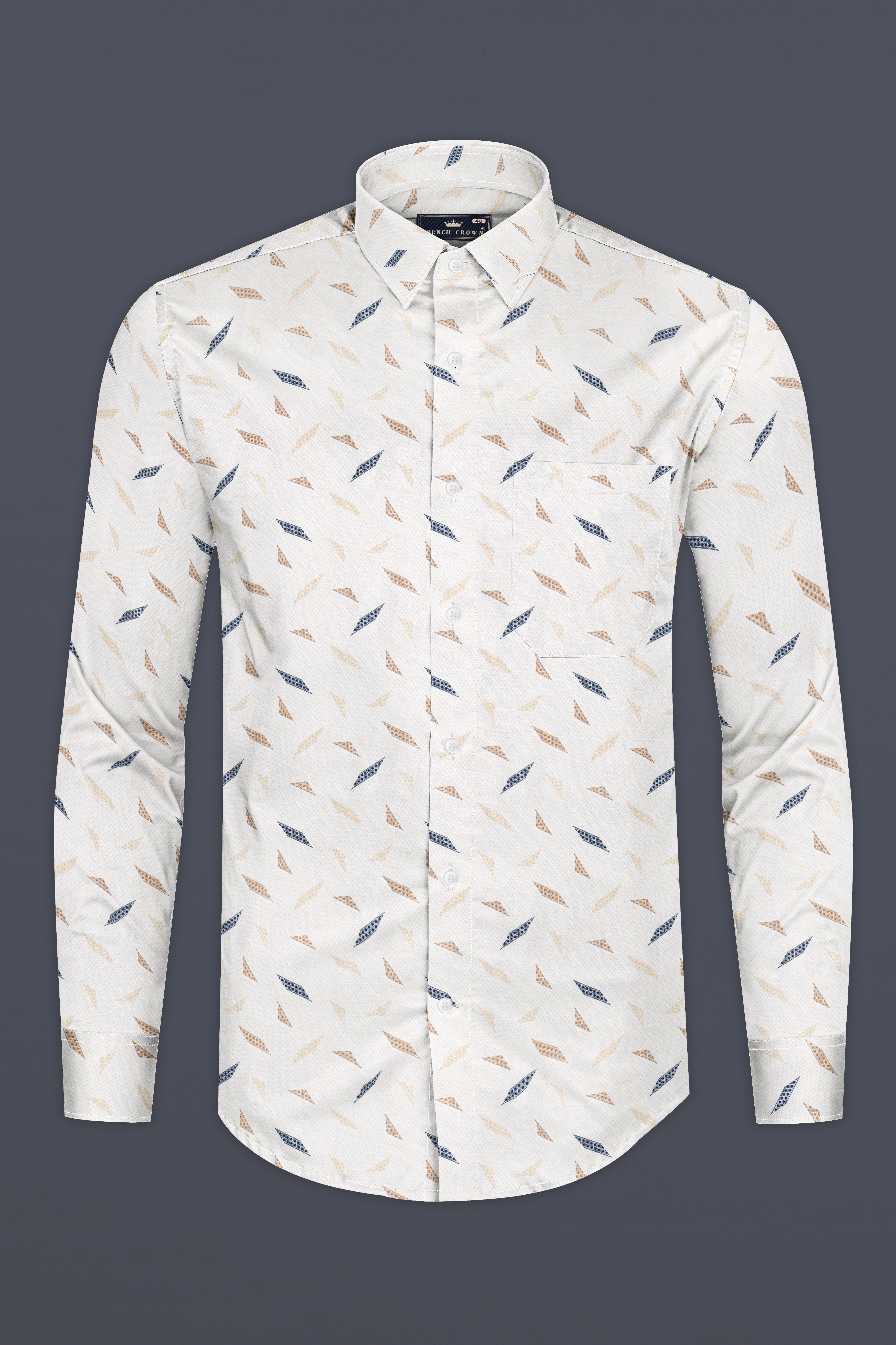 Bright White with brown and blue printed Dobby Textured Premium Giza Cotton Shirt