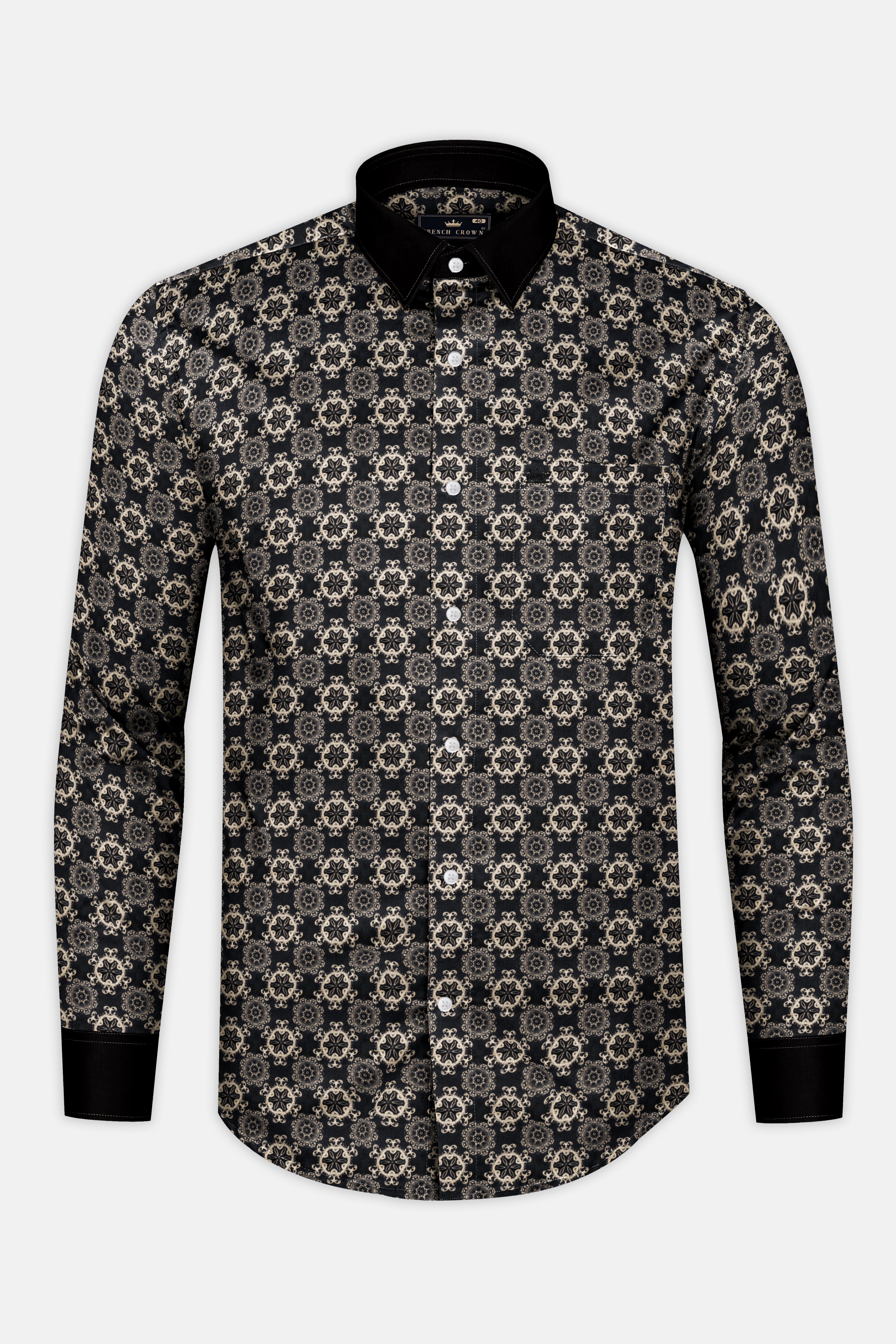 Black with Almond Brown Sequence Flower Printed Super Soft Premium Cotton Shirt
