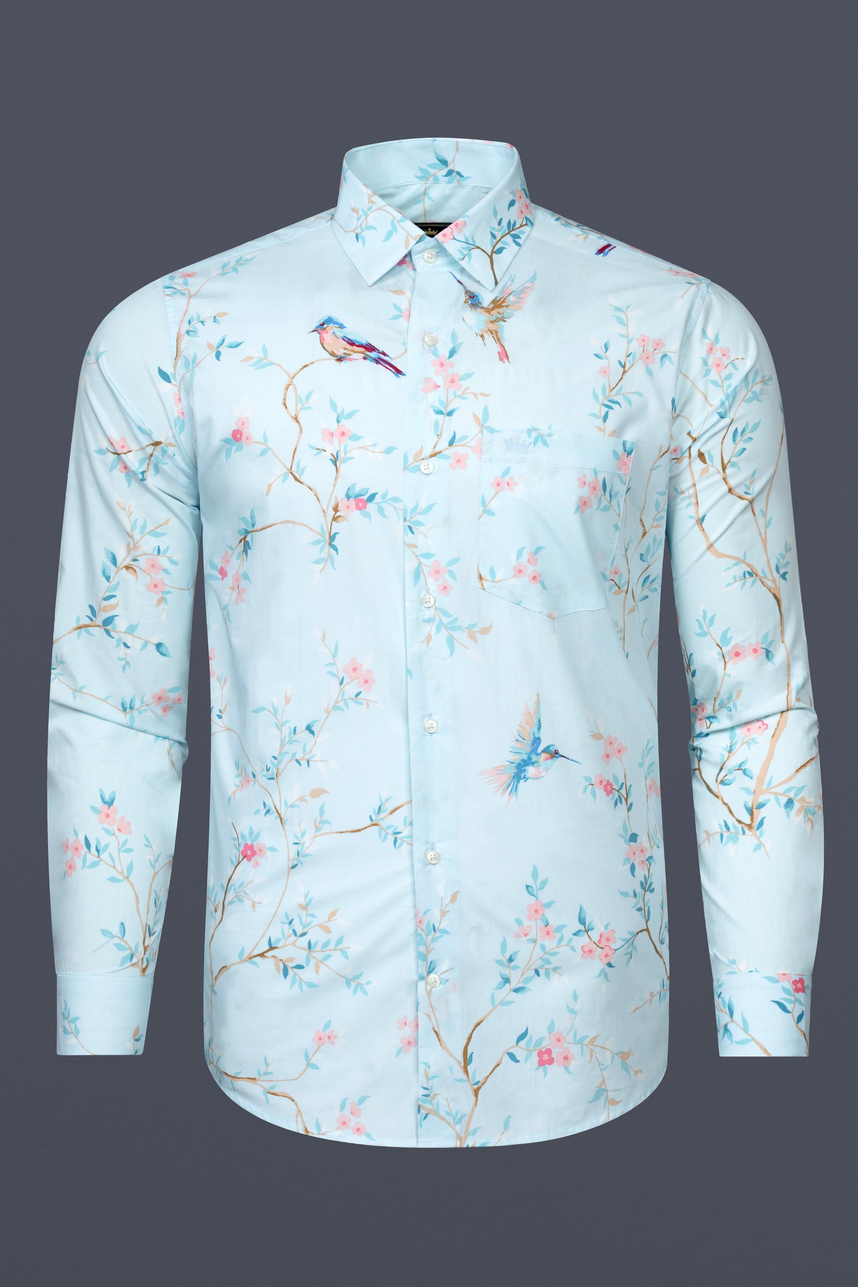 Botticelli Blue with Oyster Pink Flowers and Sparrows Printed Super Soft Premium Cotton Shirt
