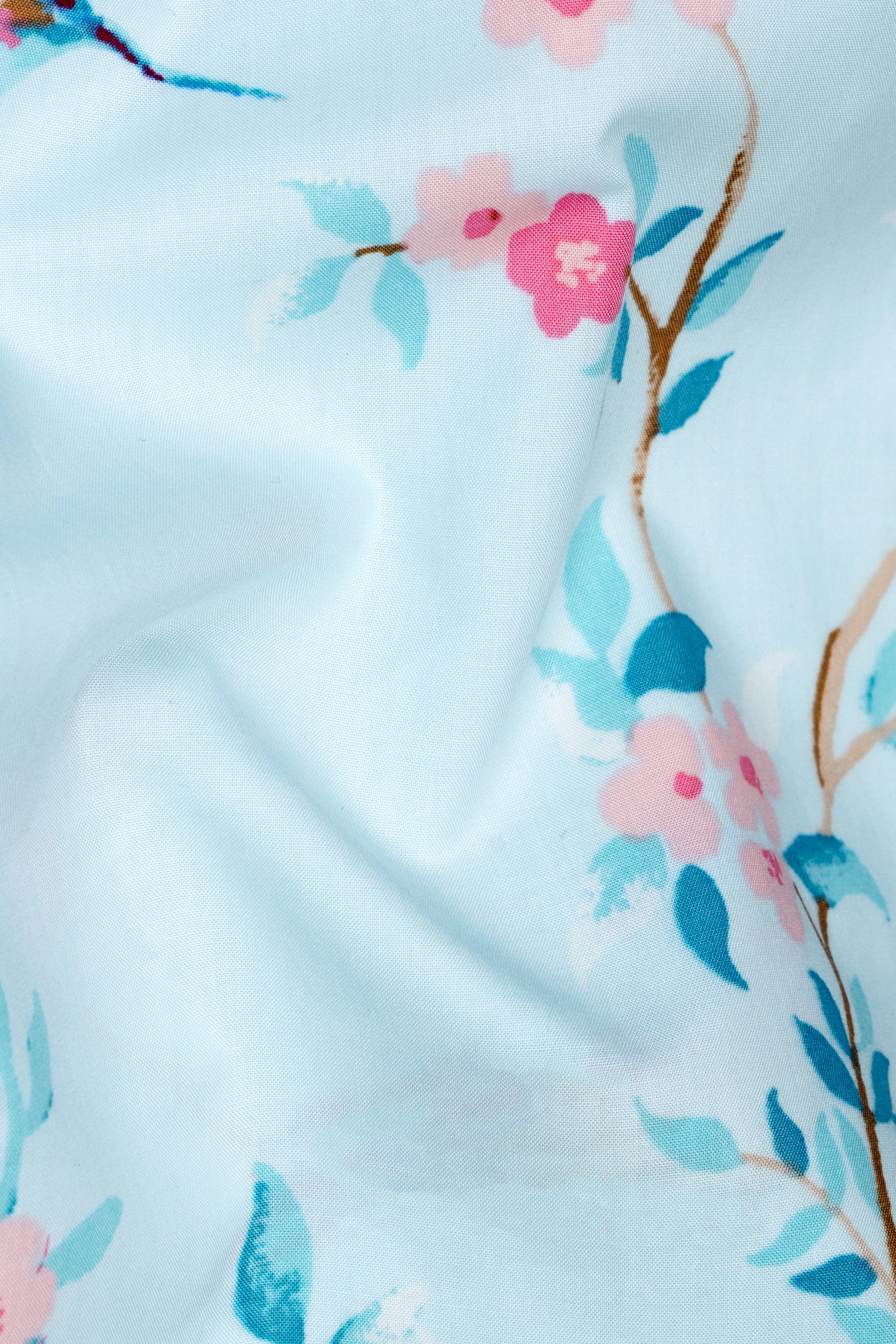 Botticelli Blue with Oyster Pink Flowers and Sparrows Printed Super Soft Premium Cotton Shirt