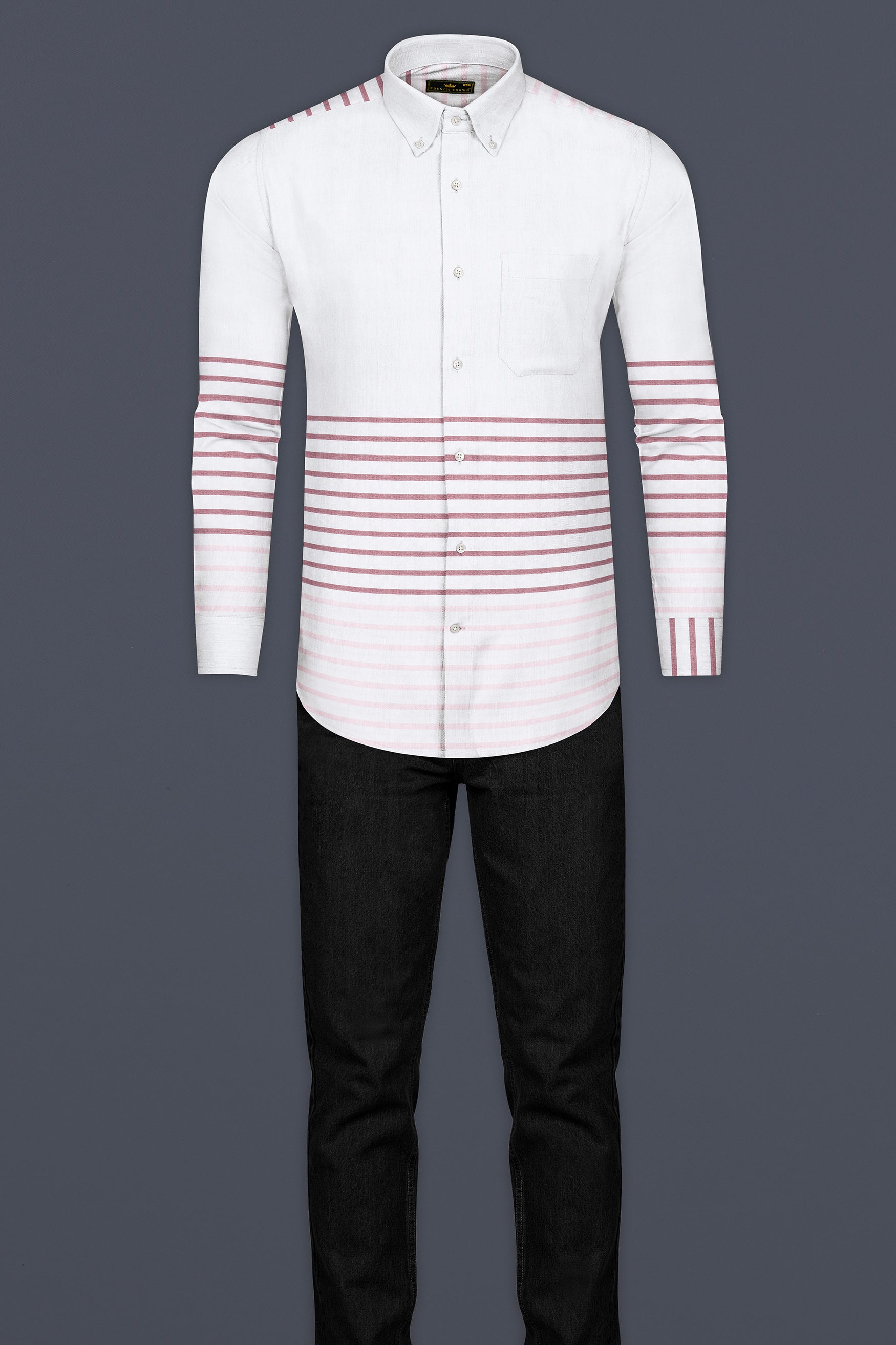 Bright White with Turkish Pink Horizontal Striped Oxford Cotton Shirt