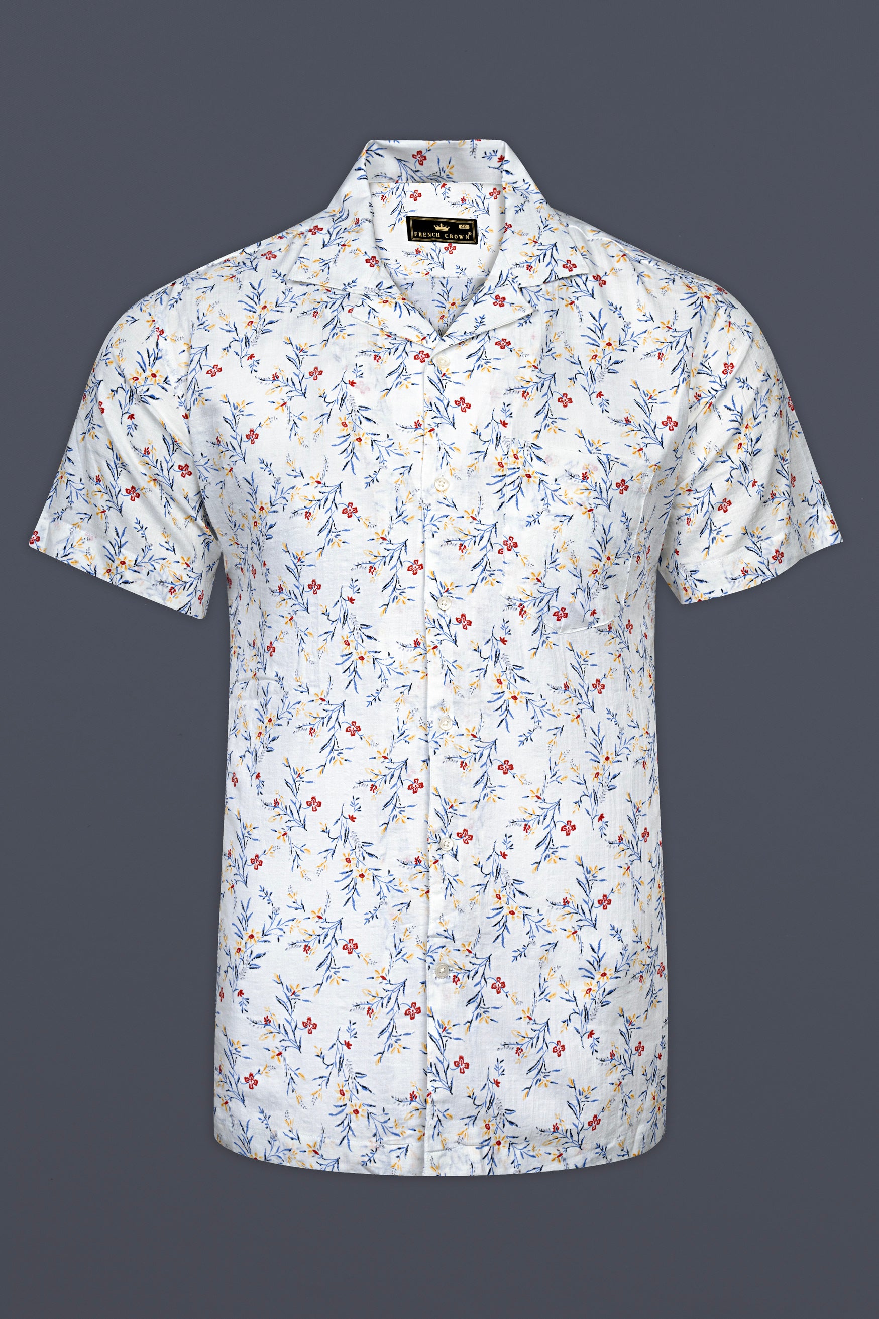 Bright White Flower Printed Lightweight Poplin Giza Cotton Shirt