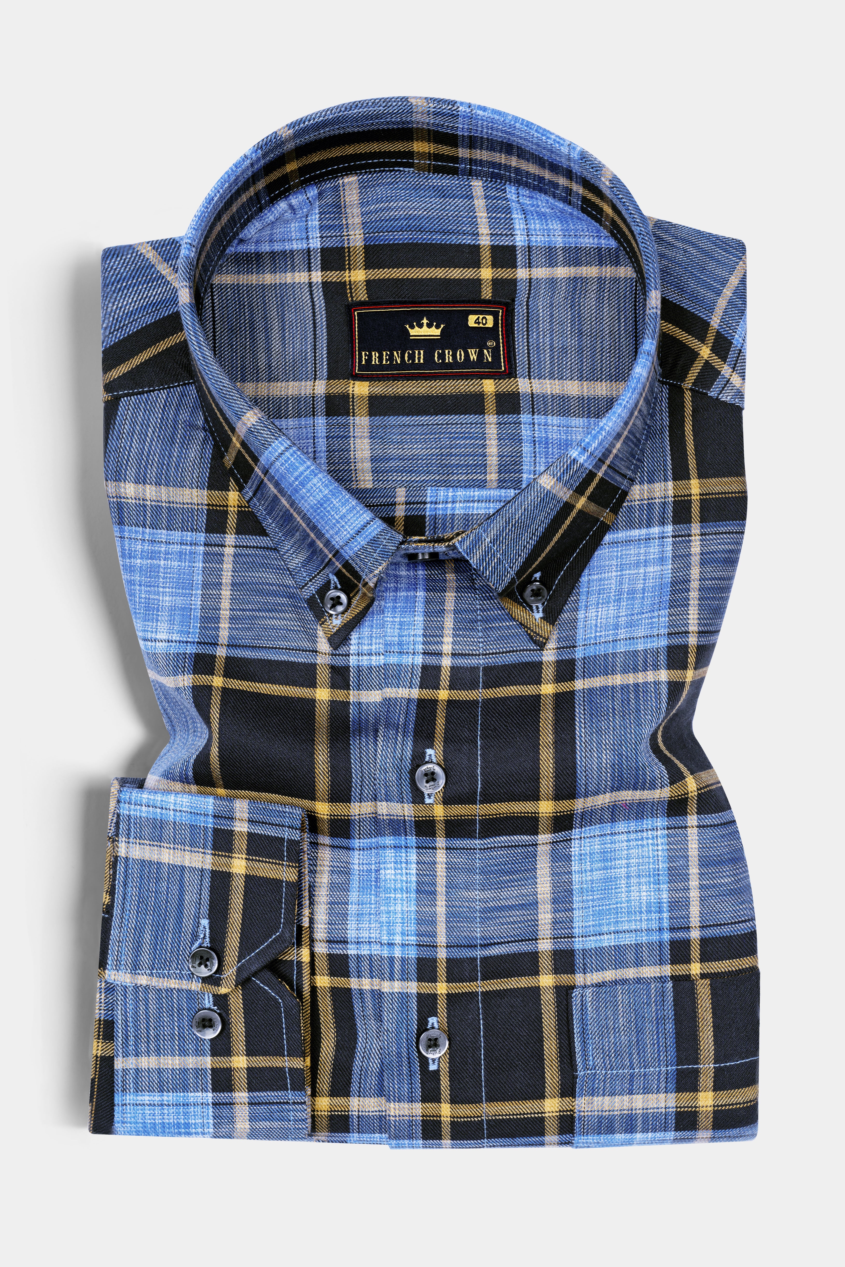 Glaucous Blue with Black and Brown Checks Plaid Twill Giza Cotton Shirt